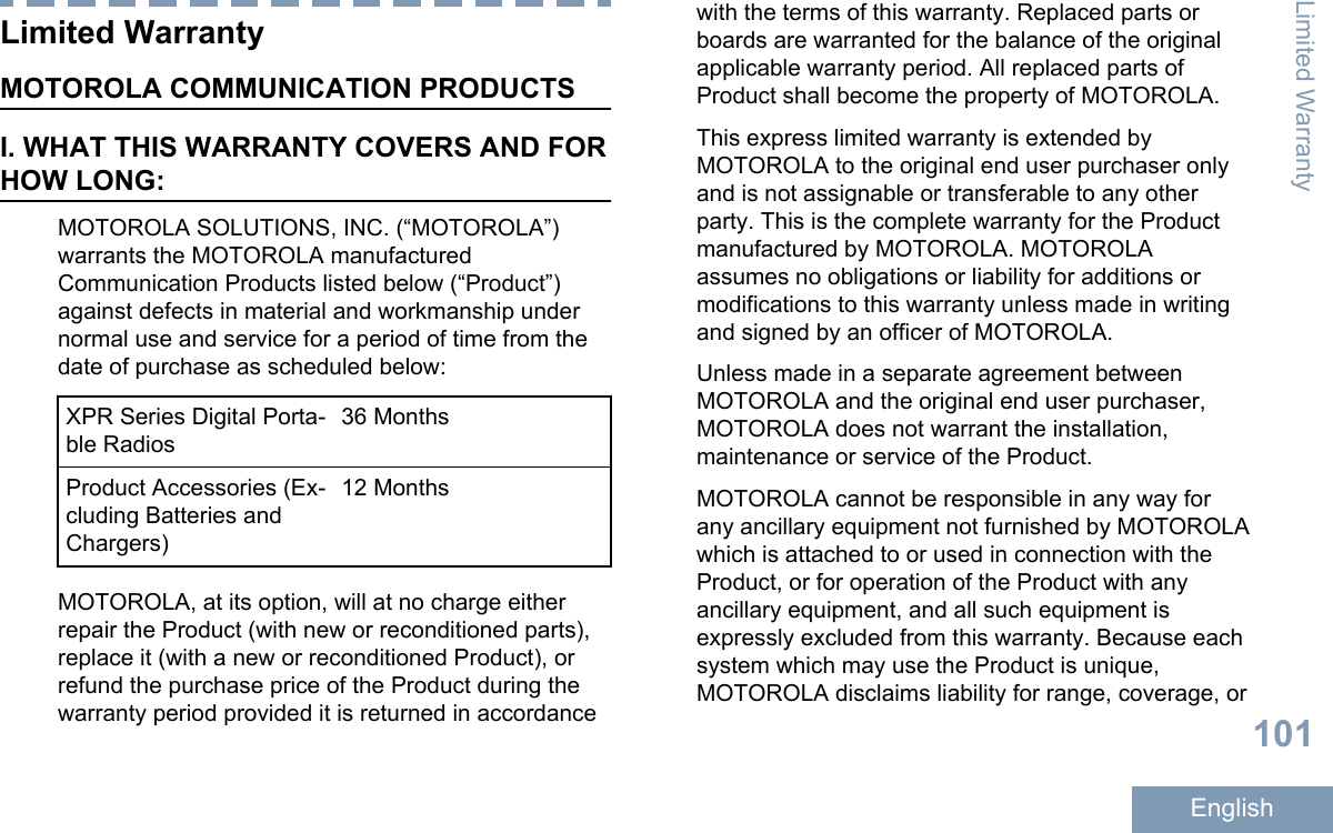 Limited WarrantyMOTOROLA COMMUNICATION PRODUCTSI. WHAT THIS WARRANTY COVERS AND FORHOW LONG:MOTOROLA SOLUTIONS, INC. (“MOTOROLA”)warrants the MOTOROLA manufacturedCommunication Products listed below (“Product”)against defects in material and workmanship undernormal use and service for a period of time from thedate of purchase as scheduled below:XPR Series Digital Porta-ble Radios36 MonthsProduct Accessories (Ex-cluding Batteries andChargers)12 MonthsMOTOROLA, at its option, will at no charge eitherrepair the Product (with new or reconditioned parts),replace it (with a new or reconditioned Product), orrefund the purchase price of the Product during thewarranty period provided it is returned in accordancewith the terms of this warranty. Replaced parts orboards are warranted for the balance of the originalapplicable warranty period. All replaced parts ofProduct shall become the property of MOTOROLA.This express limited warranty is extended byMOTOROLA to the original end user purchaser onlyand is not assignable or transferable to any otherparty. This is the complete warranty for the Productmanufactured by MOTOROLA. MOTOROLAassumes no obligations or liability for additions ormodifications to this warranty unless made in writingand signed by an officer of MOTOROLA.Unless made in a separate agreement betweenMOTOROLA and the original end user purchaser,MOTOROLA does not warrant the installation,maintenance or service of the Product.MOTOROLA cannot be responsible in any way forany ancillary equipment not furnished by MOTOROLAwhich is attached to or used in connection with theProduct, or for operation of the Product with anyancillary equipment, and all such equipment isexpressly excluded from this warranty. Because eachsystem which may use the Product is unique,MOTOROLA disclaims liability for range, coverage, orLimited Warranty101English