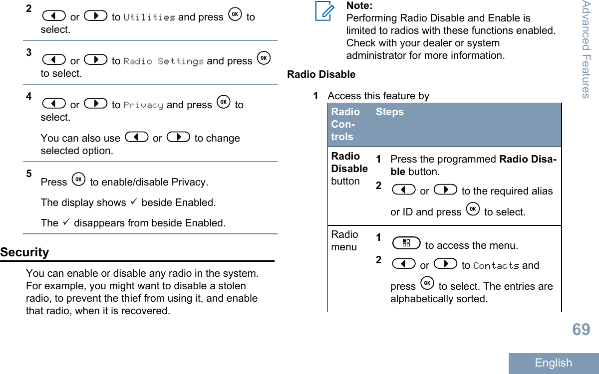 2 or   to Utilities and press   toselect.3 or   to Radio Settings and press to select.4 or   to Privacy and press   toselect.You can also use   or   to changeselected option.5Press   to enable/disable Privacy.The display shows   beside Enabled.The   disappears from beside Enabled.SecurityYou can enable or disable any radio in the system.For example, you might want to disable a stolenradio, to prevent the thief from using it, and enablethat radio, when it is recovered.Note:Performing Radio Disable and Enable islimited to radios with these functions enabled.Check with your dealer or systemadministrator for more information.Radio Disable1Access this feature byRadioCon-trolsStepsRadioDisablebutton1Press the programmed Radio Disa-ble button.2 or   to the required aliasor ID and press   to select.Radiomenu 1 to access the menu.2 or   to Contacts andpress   to select. The entries arealphabetically sorted.Advanced Features69English