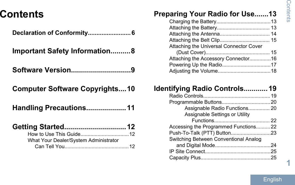 ContentsDeclaration of Conformity......................... 6Important Safety Information..........8Software Version..............................9Computer Software Copyrights....10Handling Precautions.................... 11Getting Started............................... 12How to Use This Guide..................................12What Your Dealer/System AdministratorCan Tell You.............................................12Preparing Your Radio for Use.......13Charging the Battery......................................13Attaching the Battery..................................... 13Attaching the Antenna................................... 14Attaching the Belt Clip................................... 15Attaching the Universal Connector Cover(Dust Cover)............................................. 15Attaching the Accessory Connector...............16Powering Up the Radio..................................17Adjusting the Volume.....................................18Identifying Radio Controls............ 19Radio Controls...............................................19Programmable Buttons..................................20Assignable Radio Functions............... 20Assignable Settings or UtilityFunctions....................................... 22Accessing the Programmed Functions..........22Push-To-Talk (PTT) Button............................23Switching Between Conventional Analogand Digital Mode.......................................24IP Site Connect..............................................25Capacity Plus.................................................25Contents1English