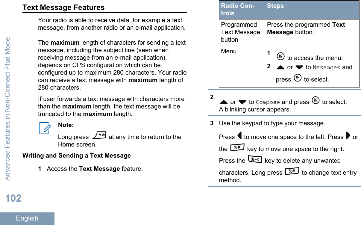 Text Message FeaturesYour radio is able to receive data, for example a textmessage, from another radio or an e-mail application.The maximum length of characters for sending a textmessage, including the subject line (seen whenreceiving message from an e-mail application),depends on CPS configuration which can beconfigured up to maximum 280 characters. Your radiocan receive a text message with maximum length of280 characters.If user forwards a text message with characters morethan the maximum length, the text message will betruncated to the maximum length.Note:Long press   at any time to return to theHome screen.Writing and Sending a Text Message1Access the Text Message feature.Radio Con-trolsStepsProgrammedText MessagebuttonPress the programmed TextMessage button.Menu 1 to access the menu.2 or   to Messages andpress   to select.2 or   to Compose and press   to select.A blinking cursor appears.3Use the keypad to type your message.Press   to move one space to the left. Press   orthe   key to move one space to the right.Press the   key to delete any unwantedcharacters. Long press   to change text entrymethod.Advanced Features in Non-Connect Plus Mode102English
