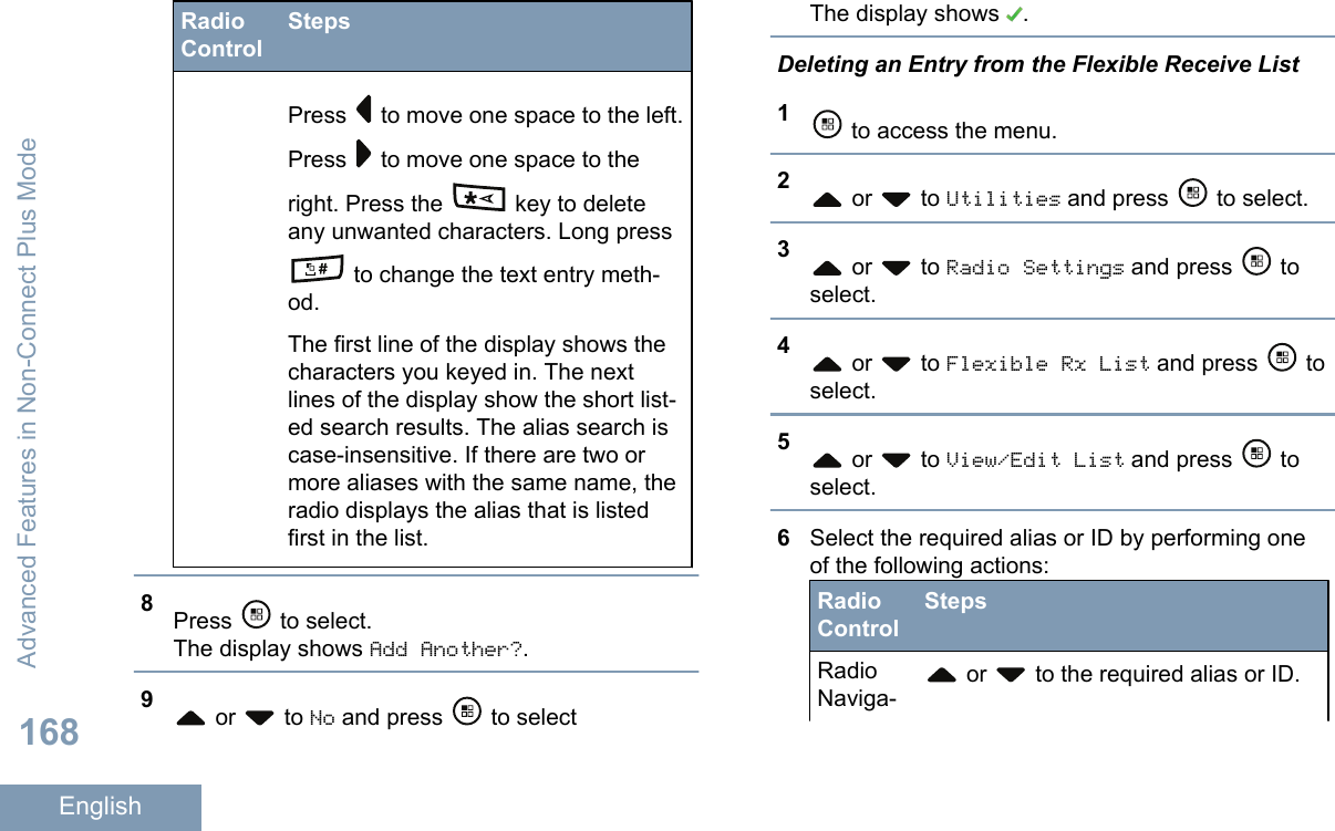 RadioControlStepsPress   to move one space to the left.Press   to move one space to theright. Press the   key to deleteany unwanted characters. Long press to change the text entry meth-od.The first line of the display shows thecharacters you keyed in. The nextlines of the display show the short list-ed search results. The alias search iscase-insensitive. If there are two ormore aliases with the same name, theradio displays the alias that is listedfirst in the list.8Press   to select.The display shows Add Another?.9 or   to No and press   to selectThe display shows  .Deleting an Entry from the Flexible Receive List1 to access the menu.2 or   to Utilities and press   to select.3 or   to Radio Settings and press   toselect.4 or   to Flexible Rx List and press   toselect.5 or   to View/Edit List and press   toselect.6Select the required alias or ID by performing oneof the following actions:RadioControlStepsRadioNaviga- or   to the required alias or ID.Advanced Features in Non-Connect Plus Mode168English