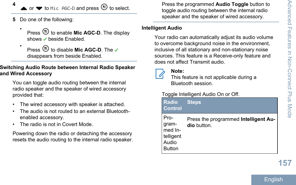 4 or   to Mic AGC-D and press   to select.5Do one of the following:•Press   to enable Mic AGC-D. The displayshows   beside Enabled.•Press   to disable Mic AGC-D. The disappears from beside Enabled.Switching Audio Route between Internal Radio Speakerand Wired AccessoryYou can toggle audio routing between the internalradio speaker and the speaker of wired accessoryprovided that:• The wired accessory with speaker is attached.•The audio is not routed to an external Bluetooth-enabled accessory.• The radio is not in Covert Mode.Powering down the radio or detaching the accessoryresets the audio routing to the internal radio speaker.Press the programmed Audio Toggle button totoggle audio routing between the internal radiospeaker and the speaker of wired accessory.Intelligent AudioYour radio can automatically adjust its audio volumeto overcome background noise in the environment,inclusive of all stationary and non-stationary noisesources. This feature is a Receive-only feature anddoes not affect Transmit audio.Note:This feature is not applicable during aBluetooth session.Toggle Intelligent Audio On or Off.RadioControlStepsPro-gram-med In-telligentAudioButtonPress the programmed Intelligent Au-dio button.Advanced Features in Non-Connect Plus Mode157English
