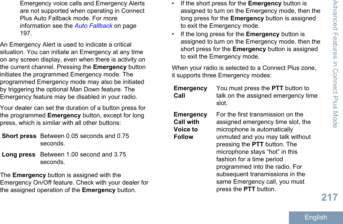 Emergency voice calls and Emergency Alertsare not supported when operating in ConnectPlus Auto Fallback mode. For moreinformation see the Auto Fallback on page197.An Emergency Alert is used to indicate a criticalsituation. You can initiate an Emergency at any timeon any screen display, even when there is activity onthe current channel. Pressing the Emergency buttoninitiates the programmed Emergency mode. Theprogrammed Emergency mode may also be initiatedby triggering the optional Man Down feature. TheEmergency feature may be disabled in your radio.Your dealer can set the duration of a button press forthe programmed Emergency button, except for longpress, which is similar with all other buttons:Short press Between 0.05 seconds and 0.75seconds.Long press Between 1.00 second and 3.75seconds.The Emergency button is assigned with theEmergency On/Off feature. Check with your dealer forthe assigned operation of the Emergency button.•If the short press for the Emergency button isassigned to turn on the Emergency mode, then thelong press for the Emergency button is assignedto exit the Emergency mode.• If the long press for the Emergency button isassigned to turn on the Emergency mode, then theshort press for the Emergency button is assignedto exit the Emergency mode.When your radio is selected to a Connect Plus zone,it supports three Emergency modes:EmergencyCallYou must press the PTT button totalk on the assigned emergency timeslot.EmergencyCall withVoice toFollowFor the first transmission on theassigned emergency time slot, themicrophone is automaticallyunmuted and you may talk withoutpressing the PTT button. Themicrophone stays “hot” in thisfashion for a time periodprogrammed into the radio. Forsubsequent transmissions in thesame Emergency call, you mustpress the PTT button.Advanced Features in Connect Plus Mode217English