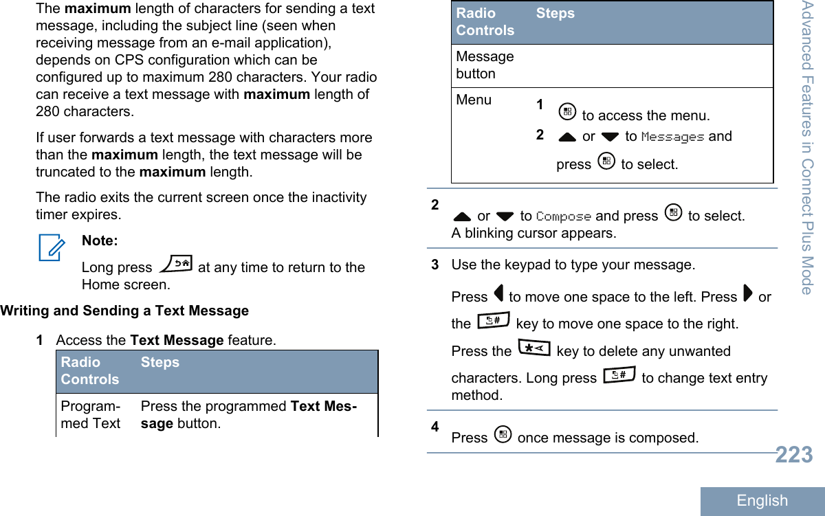 The maximum length of characters for sending a textmessage, including the subject line (seen whenreceiving message from an e-mail application),depends on CPS configuration which can beconfigured up to maximum 280 characters. Your radiocan receive a text message with maximum length of280 characters.If user forwards a text message with characters morethan the maximum length, the text message will betruncated to the maximum length.The radio exits the current screen once the inactivitytimer expires.Note:Long press   at any time to return to theHome screen.Writing and Sending a Text Message1Access the Text Message feature.RadioControlsStepsProgram-med TextPress the programmed Text Mes-sage button.RadioControlsStepsMessagebuttonMenu 1 to access the menu.2 or   to Messages andpress   to select.2 or   to Compose and press   to select.A blinking cursor appears.3Use the keypad to type your message.Press   to move one space to the left. Press   orthe   key to move one space to the right.Press the   key to delete any unwantedcharacters. Long press   to change text entrymethod.4Press   once message is composed.Advanced Features in Connect Plus Mode223English