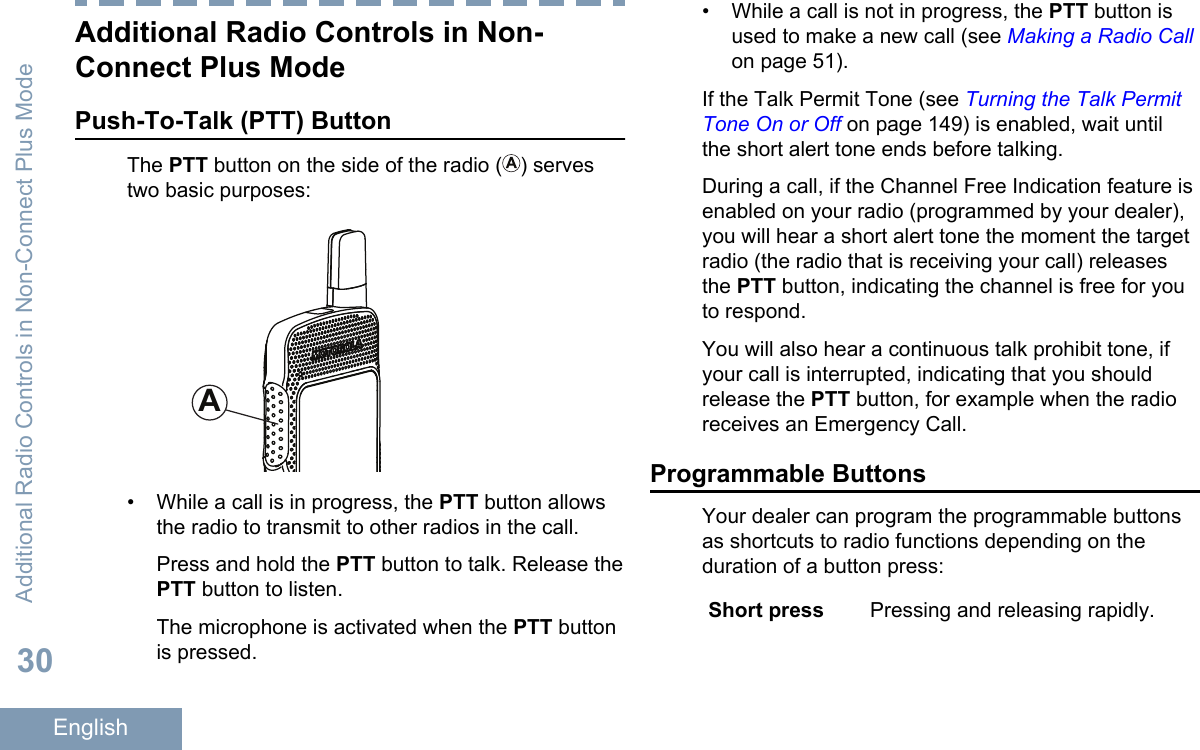 Additional Radio Controls in Non-Connect Plus ModePush-To-Talk (PTT) ButtonThe PTT button on the side of the radio ( ) servestwo basic purposes:A• While a call is in progress, the PTT button allowsthe radio to transmit to other radios in the call.Press and hold the PTT button to talk. Release thePTT button to listen.The microphone is activated when the PTT buttonis pressed.•While a call is not in progress, the PTT button isused to make a new call (see Making a Radio Callon page 51).If the Talk Permit Tone (see Turning the Talk PermitTone On or Off on page 149) is enabled, wait untilthe short alert tone ends before talking.During a call, if the Channel Free Indication feature isenabled on your radio (programmed by your dealer),you will hear a short alert tone the moment the targetradio (the radio that is receiving your call) releasesthe PTT button, indicating the channel is free for youto respond.You will also hear a continuous talk prohibit tone, ifyour call is interrupted, indicating that you shouldrelease the PTT button, for example when the radioreceives an Emergency Call.Programmable ButtonsYour dealer can program the programmable buttonsas shortcuts to radio functions depending on theduration of a button press:Short press Pressing and releasing rapidly.Additional Radio Controls in Non-Connect Plus Mode30English