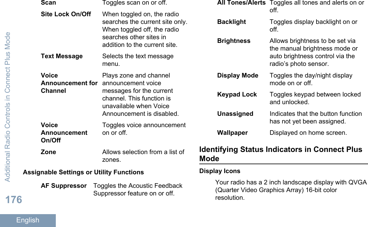 Scan Toggles scan on or off.Site Lock On/Off When toggled on, the radiosearches the current site only.When toggled off, the radiosearches other sites inaddition to the current site.Text Message Selects the text messagemenu.VoiceAnnouncement forChannelPlays zone and channelannouncement voicemessages for the currentchannel. This function isunavailable when VoiceAnnouncement is disabled.VoiceAnnouncementOn/OffToggles voice announcementon or off.Zone Allows selection from a list ofzones.Assignable Settings or Utility FunctionsAF Suppressor Toggles the Acoustic FeedbackSuppressor feature on or off.All Tones/Alerts Toggles all tones and alerts on oroff.Backlight Toggles display backlight on oroff.Brightness Allows brightness to be set viathe manual brightness mode orauto brightness control via theradio’s photo sensor.Display Mode Toggles the day/night displaymode on or off.Keypad Lock Toggles keypad between lockedand unlocked.Unassigned Indicates that the button functionhas not yet been assigned.Wallpaper Displayed on home screen.Identifying Status Indicators in Connect PlusModeDisplay IconsYour radio has a 2 inch landscape display with QVGA(Quarter Video Graphics Array) 16-bit colorresolution.Additional Radio Controls in Connect Plus Mode176English