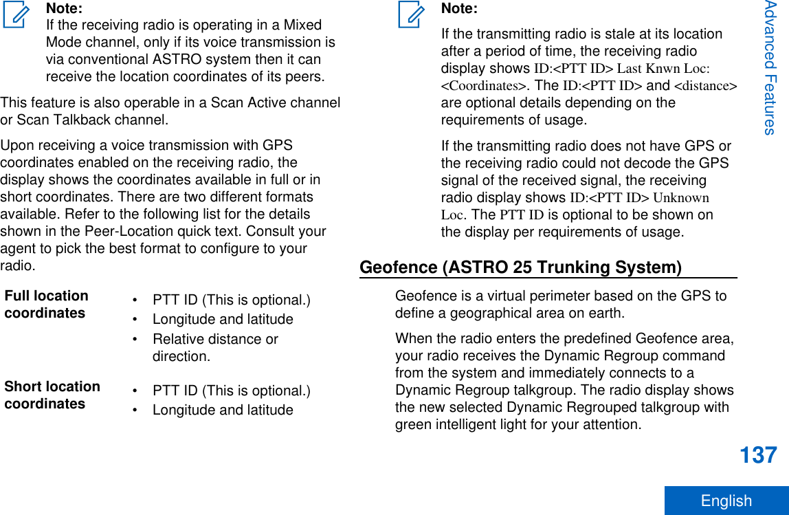 Note:If the receiving radio is operating in a MixedMode channel, only if its voice transmission isvia conventional ASTRO system then it canreceive the location coordinates of its peers.This feature is also operable in a Scan Active channelor Scan Talkback channel.Upon receiving a voice transmission with GPScoordinates enabled on the receiving radio, thedisplay shows the coordinates available in full or inshort coordinates. There are two different formatsavailable. Refer to the following list for the detailsshown in the Peer-Location quick text. Consult youragent to pick the best format to configure to yourradio.Full locationcoordinates • PTT ID (This is optional.)• Longitude and latitude• Relative distance ordirection.Short locationcoordinates • PTT ID (This is optional.)• Longitude and latitudeNote:If the transmitting radio is stale at its locationafter a period of time, the receiving radiodisplay shows ID:&lt;PTT ID&gt; Last Knwn Loc:&lt;Coordinates&gt;. The ID:&lt;PTT ID&gt; and &lt;distance&gt;are optional details depending on therequirements of usage.If the transmitting radio does not have GPS orthe receiving radio could not decode the GPSsignal of the received signal, the receivingradio display shows ID:&lt;PTT ID&gt; UnknownLoc. The PTT ID is optional to be shown onthe display per requirements of usage.Geofence (ASTRO 25 Trunking System)Geofence is a virtual perimeter based on the GPS todefine a geographical area on earth.When the radio enters the predefined Geofence area,your radio receives the Dynamic Regroup commandfrom the system and immediately connects to aDynamic Regroup talkgroup. The radio display showsthe new selected Dynamic Regrouped talkgroup withgreen intelligent light for your attention.Advanced Features137English