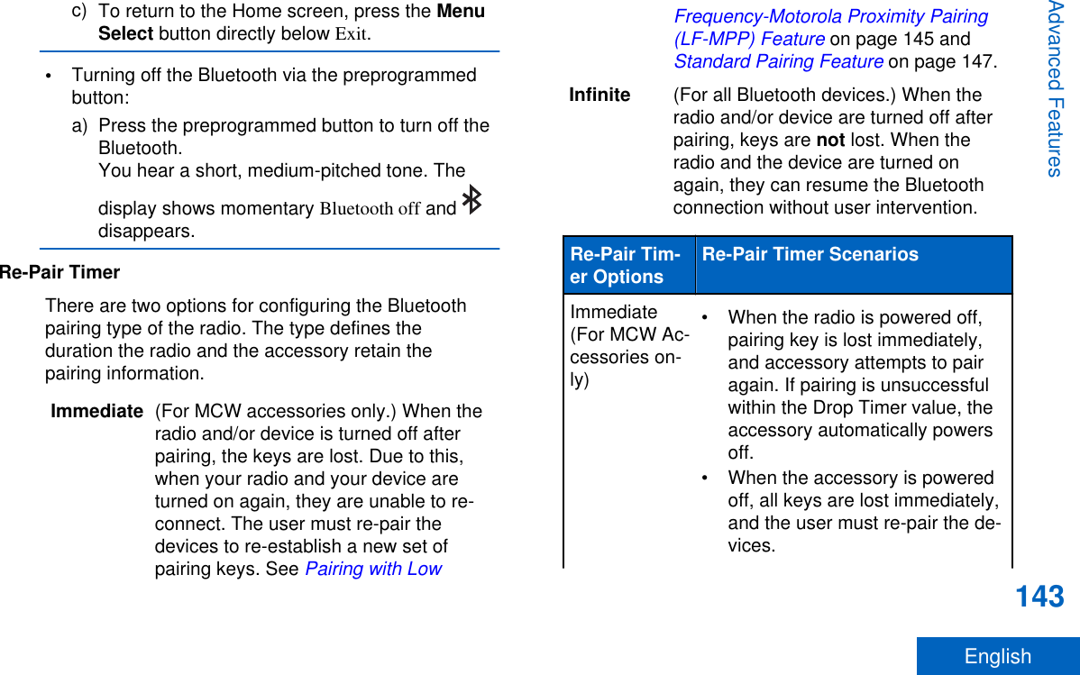 c) To return to the Home screen, press the MenuSelect button directly below Exit.•Turning off the Bluetooth via the preprogrammedbutton:a) Press the preprogrammed button to turn off theBluetooth.You hear a short, medium-pitched tone. Thedisplay shows momentary Bluetooth off and disappears.Re-Pair TimerThere are two options for configuring the Bluetoothpairing type of the radio. The type defines theduration the radio and the accessory retain thepairing information.Immediate (For MCW accessories only.) When theradio and/or device is turned off afterpairing, the keys are lost. Due to this,when your radio and your device areturned on again, they are unable to re-connect. The user must re-pair thedevices to re-establish a new set ofpairing keys. See Pairing with LowFrequency-Motorola Proximity Pairing(LF-MPP) Feature on page 145 and Standard Pairing Feature on page 147.Infinite (For all Bluetooth devices.) When theradio and/or device are turned off afterpairing, keys are not lost. When theradio and the device are turned onagain, they can resume the Bluetoothconnection without user intervention.Re-Pair Tim-er Options Re-Pair Timer ScenariosImmediate(For MCW Ac-cessories on-ly)• When the radio is powered off,pairing key is lost immediately,and accessory attempts to pairagain. If pairing is unsuccessfulwithin the Drop Timer value, theaccessory automatically powersoff.• When the accessory is poweredoff, all keys are lost immediately,and the user must re-pair the de-vices.Advanced Features143English