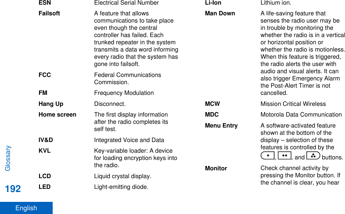 ESN Electrical Serial NumberFailsoft A feature that allowscommunications to take placeeven though the centralcontroller has failed. Eachtrunked repeater in the systemtransmits a data word informingevery radio that the system hasgone into failsoft.FCC Federal CommunicationsCommission.FM Frequency ModulationHang Up Disconnect.Home screen The first display informationafter the radio completes itsself test.IV&amp;D Integrated Voice and DataKVL Key-variable loader: A devicefor loading encryption keys intothe radio.LCD Liquid crystal display.LED Light-emitting diode.Li-Ion Lithium ion.Man Down A life-saving feature thatsenses the radio user may bein trouble by monitoring thewhether the radio is in a verticalor horizontal position orwhether the radio is motionless.When this feature is triggered,the radio alerts the user withaudio and visual alerts. It canalso trigger Emergency Alarmthe Post-Alert Timer is notcancelled.MCW Mission Critical WirelessMDC Motorola Data CommunicationMenu Entry A software-activated featureshown at the bottom of thedisplay – selection of thesefeatures is controlled by the,  , and   buttons.Monitor Check channel activity bypressing the Monitor button. Ifthe channel is clear, you hearGlossary192English
