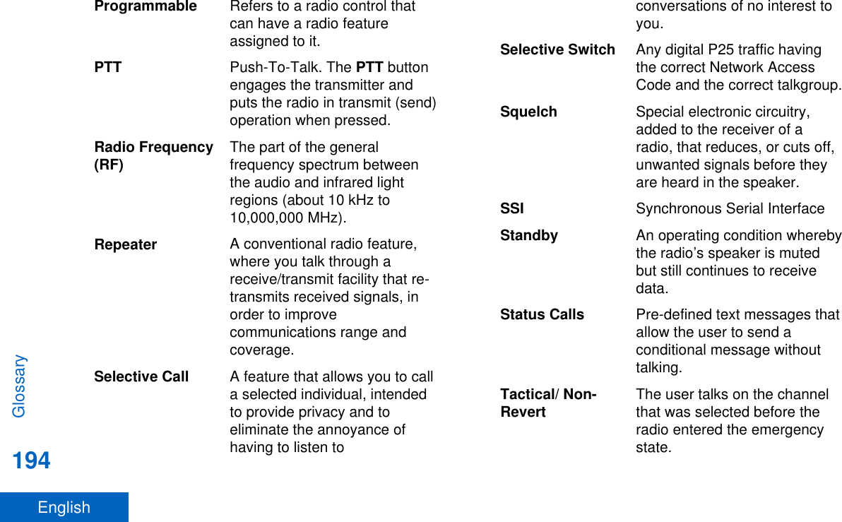 Programmable Refers to a radio control thatcan have a radio featureassigned to it.PTT Push-To-Talk. The PTT buttonengages the transmitter andputs the radio in transmit (send)operation when pressed.Radio Frequency(RF) The part of the generalfrequency spectrum betweenthe audio and infrared lightregions (about 10 kHz to10,000,000 MHz).Repeater A conventional radio feature,where you talk through areceive/transmit facility that re-transmits received signals, inorder to improvecommunications range andcoverage.Selective Call A feature that allows you to calla selected individual, intendedto provide privacy and toeliminate the annoyance ofhaving to listen toconversations of no interest toyou.Selective Switch Any digital P25 traffic havingthe correct Network AccessCode and the correct talkgroup.Squelch Special electronic circuitry,added to the receiver of aradio, that reduces, or cuts off,unwanted signals before theyare heard in the speaker.SSI Synchronous Serial InterfaceStandby An operating condition wherebythe radio’s speaker is mutedbut still continues to receivedata.Status Calls Pre-defined text messages thatallow the user to send aconditional message withouttalking.Tactical/ Non-Revert The user talks on the channelthat was selected before theradio entered the emergencystate.Glossary194English