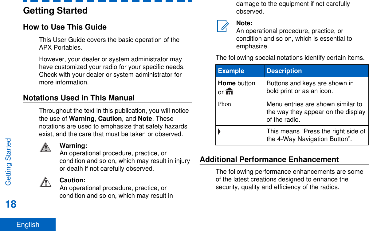 Getting StartedHow to Use This GuideThis User Guide covers the basic operation of theAPX Portables.However, your dealer or system administrator mayhave customized your radio for your specific needs.Check with your dealer or system administrator formore information.Notations Used in This ManualThroughout the text in this publication, you will noticethe use of Warning, Caution, and Note. Thesenotations are used to emphasize that safety hazardsexist, and the care that must be taken or observed.Warning:An operational procedure, practice, orcondition and so on, which may result in injuryor death if not carefully observed.Caution:An operational procedure, practice, orcondition and so on, which may result indamage to the equipment if not carefullyobserved.Note:An operational procedure, practice, orcondition and so on, which is essential toemphasize.The following special notations identify certain items.Example DescriptionHome buttonor Buttons and keys are shown inbold print or as an icon.Phon Menu entries are shown similar tothe way they appear on the displayof the radio.This means “Press the right side ofthe 4-Way Navigation Button”.Additional Performance EnhancementThe following performance enhancements are someof the latest creations designed to enhance thesecurity, quality and efficiency of the radios.Getting Started18English