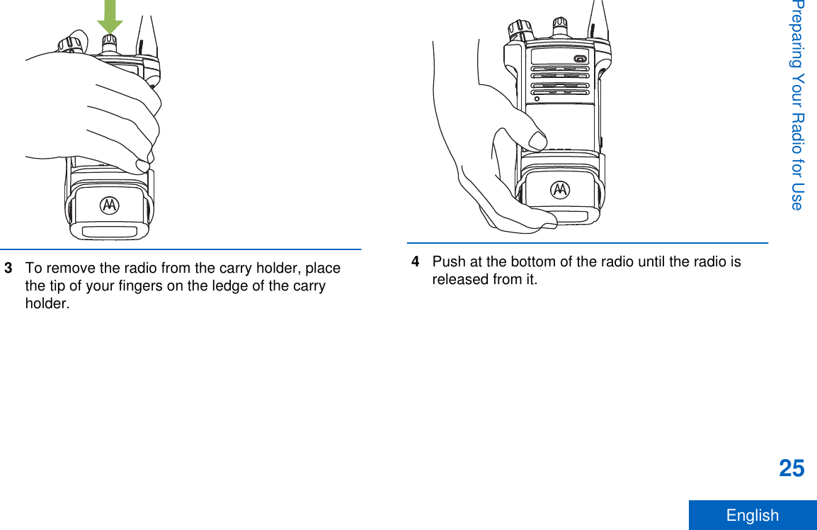 3To remove the radio from the carry holder, placethe tip of your fingers on the ledge of the carryholder.4Push at the bottom of the radio until the radio isreleased from it.Preparing Your Radio for Use25English