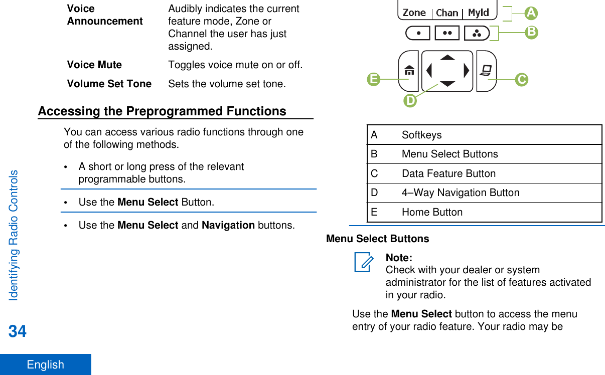 VoiceAnnouncement Audibly indicates the currentfeature mode, Zone orChannel the user has justassigned.Voice Mute Toggles voice mute on or off.Volume Set Tone Sets the volume set tone.Accessing the Preprogrammed FunctionsYou can access various radio functions through oneof the following methods.•A short or long press of the relevantprogrammable buttons.•Use the Menu Select Button.•Use the Menu Select and Navigation buttons.BCDEAA SoftkeysB Menu Select ButtonsC Data Feature ButtonD 4–Way Navigation ButtonE Home ButtonMenu Select ButtonsNote:Check with your dealer or systemadministrator for the list of features activatedin your radio.Use the Menu Select button to access the menuentry of your radio feature. Your radio may beIdentifying Radio Controls34English