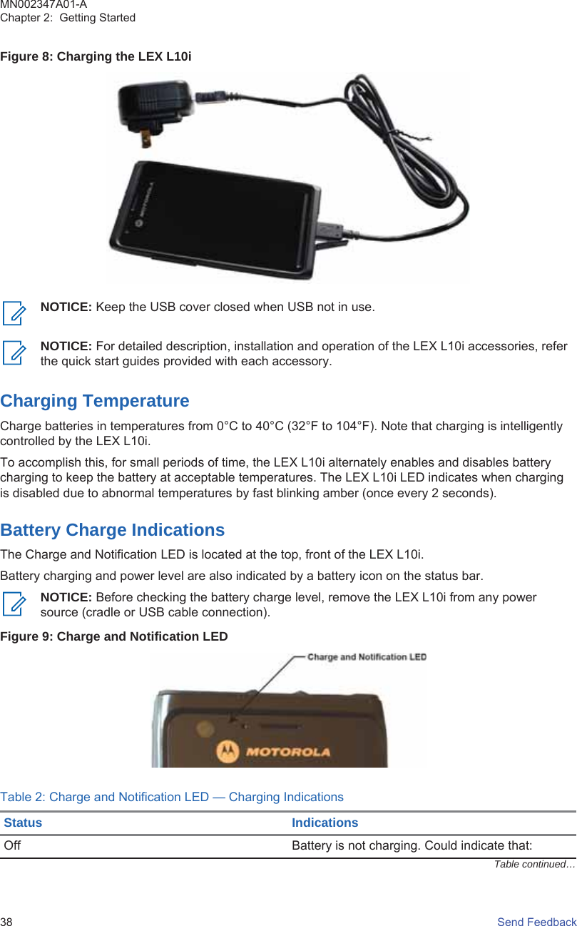 Figure 8: Charging the LEX L10iNOTICE: Keep the USB cover closed when USB not in use.NOTICE: For detailed description, installation and operation of the LEX L10i accessories, referthe quick start guides provided with each accessory.Charging TemperatureCharge batteries in temperatures from 0°C to 40°C (32°F to 104°F). Note that charging is intelligentlycontrolled by the LEX L10i.To accomplish this, for small periods of time, the LEX L10i alternately enables and disables batterycharging to keep the battery at acceptable temperatures. The LEX L10i LED indicates when chargingis disabled due to abnormal temperatures by fast blinking amber (once every 2 seconds).Battery Charge IndicationsThe Charge and Notification LED is located at the top, front of the LEX L10i.Battery charging and power level are also indicated by a battery icon on the status bar.NOTICE: Before checking the battery charge level, remove the LEX L10i from any powersource (cradle or USB cable connection).Figure 9: Charge and Notification LEDTable 2: Charge and Notification LED — Charging IndicationsStatus IndicationsOff Battery is not charging. Could indicate that:Table continued…MN002347A01-AChapter 2:  Getting Started38   Send Feedback