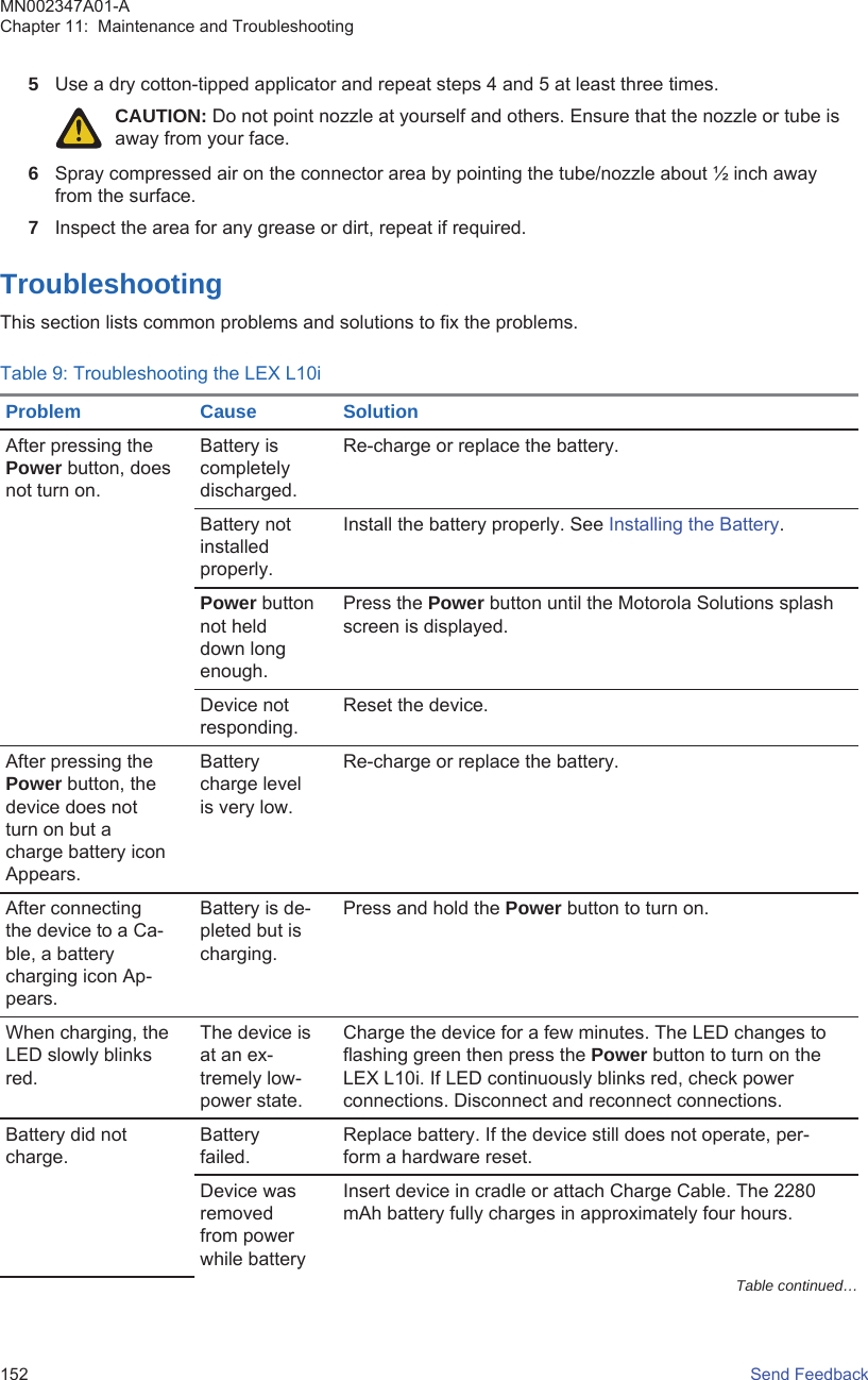 5Use a dry cotton-tipped applicator and repeat steps 4 and 5 at least three times.CAUTION: Do not point nozzle at yourself and others. Ensure that the nozzle or tube isaway from your face.6Spray compressed air on the connector area by pointing the tube/nozzle about ½ inch awayfrom the surface.7Inspect the area for any grease or dirt, repeat if required.Troubleshooting This section lists common problems and solutions to fix the problems.Table 9: Troubleshooting the LEX L10iProblem Cause SolutionAfter pressing thePower button, doesnot turn on.Battery iscompletelydischarged.Re-charge or replace the battery.Battery notinstalledproperly.Install the battery properly. See Installing the Battery.Power buttonnot helddown longenough.Press the Power button until the Motorola Solutions splashscreen is displayed.Device notresponding.Reset the device.After pressing thePower button, thedevice does notturn on but acharge battery iconAppears.Batterycharge levelis very low.Re-charge or replace the battery.After connectingthe device to a Ca-ble, a batterycharging icon Ap-pears.Battery is de-pleted but ischarging.Press and hold the Power button to turn on.When charging, theLED slowly blinksred.The device isat an ex-tremely low-power state.Charge the device for a few minutes. The LED changes toflashing green then press the Power button to turn on theLEX L10i. If LED continuously blinks red, check powerconnections. Disconnect and reconnect connections.Battery did notcharge.Batteryfailed.Replace battery. If the device still does not operate, per-form a hardware reset.Device wasremovedfrom powerwhile batteryInsert device in cradle or attach Charge Cable. The 2280mAh battery fully charges in approximately four hours.Table continued…MN002347A01-AChapter 11:  Maintenance and Troubleshooting152   Send Feedback