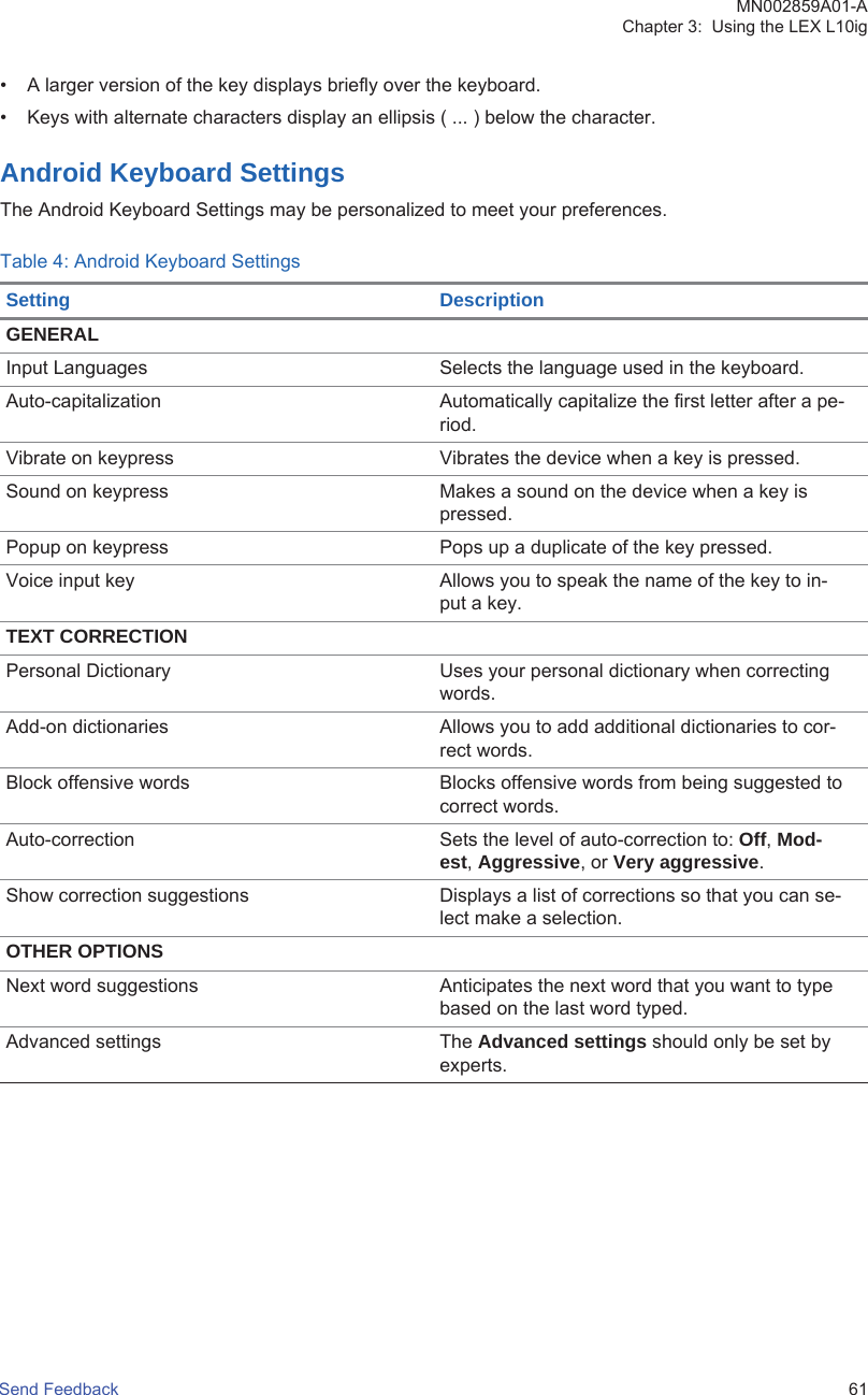 • A larger version of the key displays briefly over the keyboard.• Keys with alternate characters display an ellipsis ( ... ) below the character.Android Keyboard SettingsThe Android Keyboard Settings may be personalized to meet your preferences.Table 4: Android Keyboard SettingsSetting DescriptionGENERALInput Languages Selects the language used in the keyboard.Auto-capitalization Automatically capitalize the first letter after a pe-riod.Vibrate on keypress Vibrates the device when a key is pressed.Sound on keypress Makes a sound on the device when a key ispressed.Popup on keypress Pops up a duplicate of the key pressed.Voice input key Allows you to speak the name of the key to in-put a key.TEXT CORRECTIONPersonal Dictionary Uses your personal dictionary when correctingwords.Add-on dictionaries Allows you to add additional dictionaries to cor-rect words.Block offensive words Blocks offensive words from being suggested tocorrect words.Auto-correction Sets the level of auto-correction to: Off, Mod-est, Aggressive, or Very aggressive.Show correction suggestions Displays a list of corrections so that you can se-lect make a selection.OTHER OPTIONSNext word suggestions Anticipates the next word that you want to typebased on the last word typed.Advanced settings The Advanced settings should only be set byexperts.MN002859A01-AChapter 3:  Using the LEX L10igSend Feedback   61