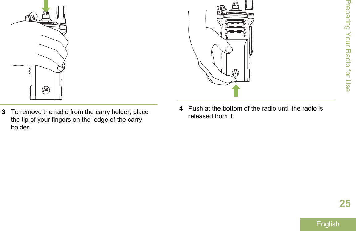 3To remove the radio from the carry holder, placethe tip of your fingers on the ledge of the carryholder.4Push at the bottom of the radio until the radio isreleased from it.Preparing Your Radio for Use25English