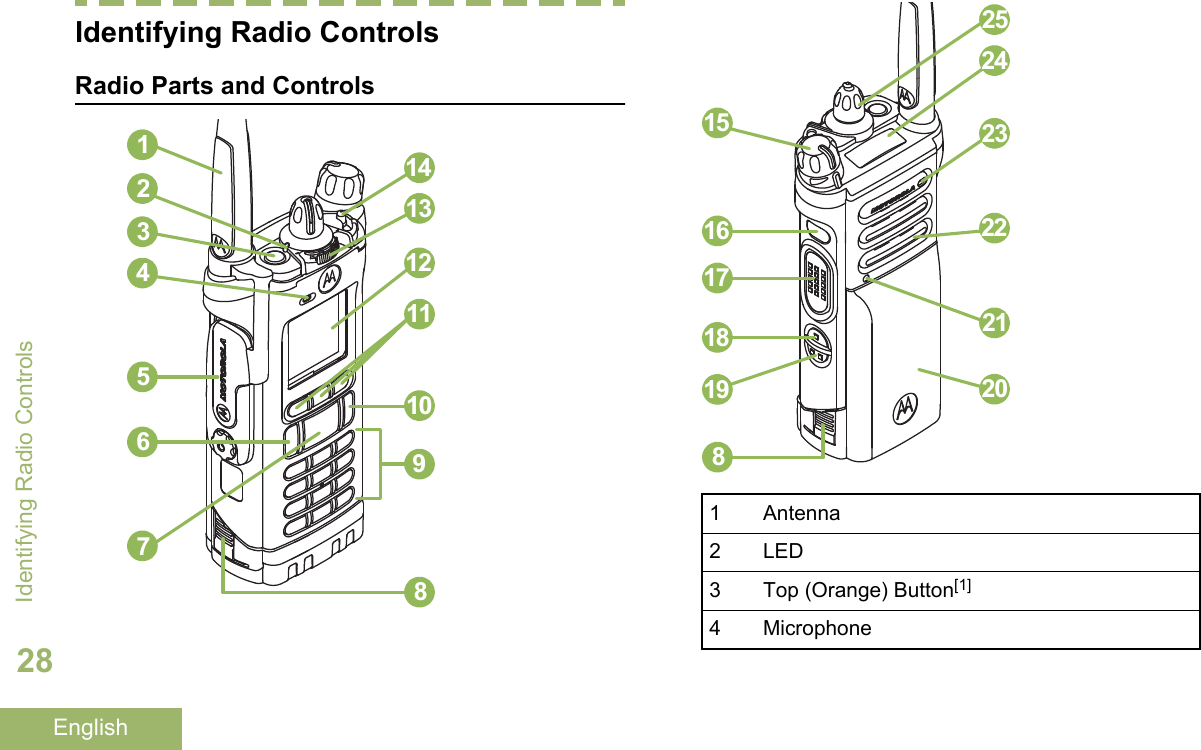 Identifying Radio ControlsRadio Parts and Controls9101112131443215678202122232425161517181981 Antenna2 LED3 Top (Orange) Button[1]4 MicrophoneIdentifying Radio Controls28English