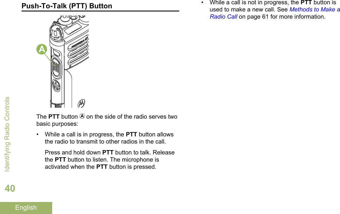 Push-To-Talk (PTT) ButtonAThe PTT button   on the side of the radio serves twobasic purposes:• While a call is in progress, the PTT button allowsthe radio to transmit to other radios in the call.Press and hold down PTT button to talk. Releasethe PTT button to listen. The microphone isactivated when the PTT button is pressed.• While a call is not in progress, the PTT button isused to make a new call. See Methods to Make aRadio Call on page 61 for more information.Identifying Radio Controls40English