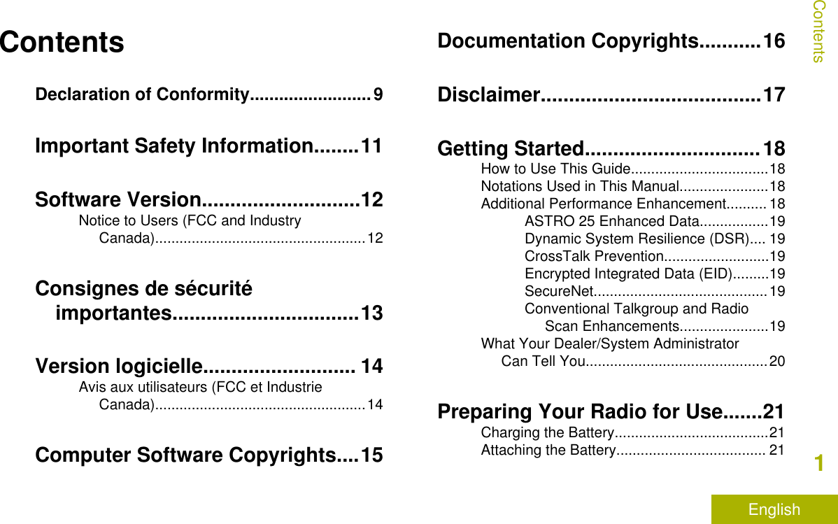 ContentsDeclaration of Conformity.........................9Important Safety Information........11Software Version............................12Notice to Users (FCC and IndustryCanada)....................................................12Consignes de sécuritéimportantes.................................13Version logicielle........................... 14Avis aux utilisateurs (FCC et IndustrieCanada)....................................................14Computer Software Copyrights....15Documentation Copyrights...........16Disclaimer.......................................17Getting Started...............................18How to Use This Guide..................................18Notations Used in This Manual......................18Additional Performance Enhancement.......... 18ASTRO 25 Enhanced Data.................19Dynamic System Resilience (DSR).... 19CrossTalk Prevention..........................19Encrypted Integrated Data (EID).........19SecureNet...........................................19Conventional Talkgroup and RadioScan Enhancements......................19What Your Dealer/System AdministratorCan Tell You.............................................20Preparing Your Radio for Use.......21Charging the Battery......................................21Attaching the Battery..................................... 21Contents1English