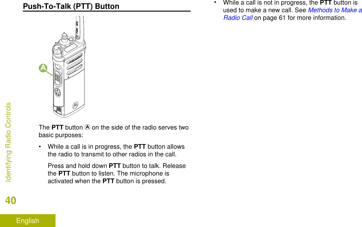 Push-To-Talk (PTT) ButtonAThe PTT button   on the side of the radio serves twobasic purposes:•While a call is in progress, the PTT button allowsthe radio to transmit to other radios in the call.Press and hold down PTT button to talk. Releasethe PTT button to listen. The microphone isactivated when the PTT button is pressed.•While a call is not in progress, the PTT button isused to make a new call. See Methods to Make aRadio Call on page 61 for more information.Identifying Radio Controls40English