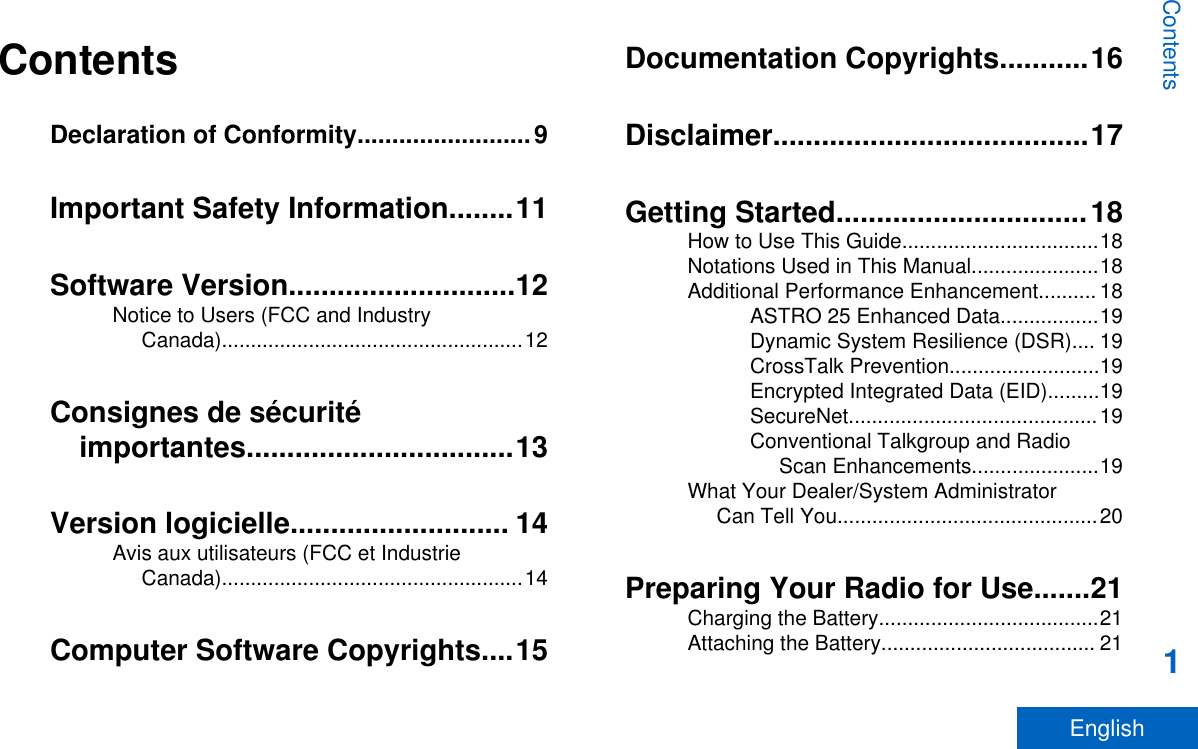 ContentsDeclaration of Conformity.........................9Important Safety Information........11Software Version............................12Notice to Users (FCC and IndustryCanada)....................................................12Consignes de sécuritéimportantes.................................13Version logicielle........................... 14Avis aux utilisateurs (FCC et IndustrieCanada)....................................................14Computer Software Copyrights....15Documentation Copyrights...........16Disclaimer.......................................17Getting Started...............................18How to Use This Guide..................................18Notations Used in This Manual......................18Additional Performance Enhancement.......... 18ASTRO 25 Enhanced Data.................19Dynamic System Resilience (DSR).... 19CrossTalk Prevention..........................19Encrypted Integrated Data (EID).........19SecureNet...........................................19Conventional Talkgroup and RadioScan Enhancements......................19What Your Dealer/System AdministratorCan Tell You.............................................20Preparing Your Radio for Use.......21Charging the Battery......................................21Attaching the Battery..................................... 21Contents1English