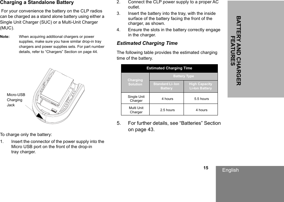 BATTERY AND CHARGER FEATURESEnglish                                                                                                                                                           15Charging a Standalone Battery For your convenience the battery on the CLP radios can be charged as a stand alone battery using either a Single Unit Charger (SUC) or a Multi-Unit Charger (MUC).Note: When acquiring additional chargers or power supplies, make sure you have similar drop-in tray chargers and power supplies sets. For part number details, refer to “Chargers” Section on page 44.To charge only the battery: 1. Insert the connector of the power supply into the Micro USB port on the front of the drop-intray charger.2. Connect the CLP power supply to a proper AC outlet.3. Insert the battery into the tray, with the inside surface of the battery facing the front of the charger, as shown. 4. Ensure the slots in the battery correctly engage in the charger.Estimated Charging TimeThe following table provides the estimated charging time of the battery. 5. For further details, see “Batteries” Section on page 43.Micro-USB C ha rg in g                JackEstimated Charging TimeCharging SolutionBattery TypeStandard Li- Ion BatteryHigh Capacity Li-Ion BatterySingle Unit Charger 4 hours 5.5 hoursMulti Unit Charger  2.5 hours 4 hours