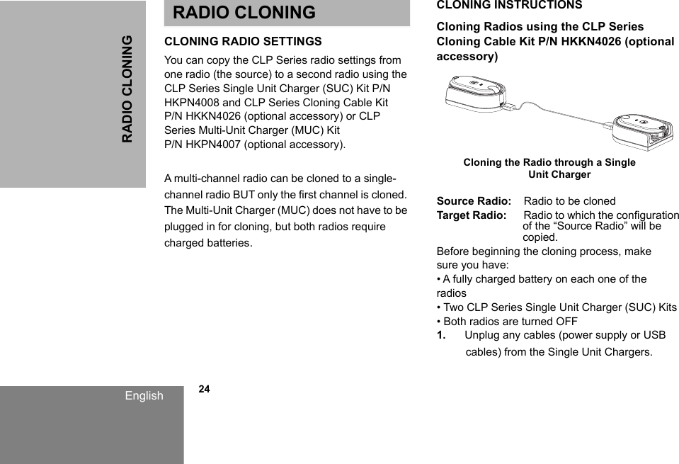 RADIO CLONINGEnglish            24RADIO CLONINGCLONING RADIO SETTINGSYou can copy the CLP Series radio settings from one radio (the source) to a second radio using the CLP Series Single Unit Charger (SUC) Kit P/N HKPN4008 and CLP Series Cloning Cable Kit P/N HKKN4026 (optional accessory) or CLP Series Multi-Unit Charger (MUC) Kit P/N HKPN4007 (optional accessory). A multi-channel radio can be cloned to a single-channel radio BUT only the first channel is cloned. The Multi-Unit Charger (MUC) does not have to be plugged in for cloning, but both radios require charged batteries. CLONING INSTRUCTIONSCloning Radios using the CLP Series  Cloning Cable Kit P/N HKKN4026 (optional accessory)Source Radio:    Radio to be clonedTarget Radio:      Radio to which the configuration of the “Source Radio” will be copied.Before beginning the cloning process, makesure you have:• A fully charged battery on each one of theradios• Two CLP Series Single Unit Charger (SUC) Kits • Both radios are turned OFF1. Unplug any cables (power supply or USB cables) from the Single Unit Chargers.    Cloning the Radio through a Single Unit Charger  