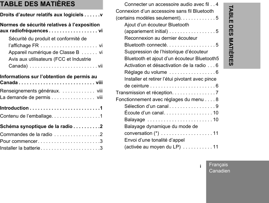 TABLE DES MATIÈRES                                                                                                                                                           iFrançaisCanadienTABLE DES MATIÈRESDroits d’auteur relatifs aux logiciels . . . . . .vNormes de sécurité relatives à l’exposition aux radiofréquences . . . . . . . . . . . . . . . . . . viSécurité du produit et conformité de l’affichage FR . . . . . . . . . . . . . . . . . . . . .  viAppareil numérique de Classe B  . . . . . .  viAvis aux utilisateurs (FCC et Industrie Canada)  . . . . . . . . . . . . . . . . . . . . . . . . . viiInformations sur l’obtention de permis au Canada . . . . . . . . . . . . . . . . . . . . . . . . . . . . viiiRenseignements généraux.  . . . . . . . . . . . .  viiiLa demande de permis . . . . . . . . . . . . . . . .  viiiIntroduction . . . . . . . . . . . . . . . . . . . . . . . . . .1Contenu de l’emballage. . . . . . . . . . . . . . . . . .1Schéma synoptique de la radio . . . . . . . . . .2Commandes de la radio  . . . . . . . . . . . . . . . . .2Pour commencer. . . . . . . . . . . . . . . . . . . . . . .3Installer la batterie. . . . . . . . . . . . . . . . . . . . . .3Connecter un accessoire audio avec fil . . 4Connexion d’un accessoire sans fil Bluetooth (certains modèles seulement). . . . . . . . . . . . . 5Ajout d’un écouteur Bluetooth (appariement initial) . . . . . . . . . . . . . . . . . 5Reconnexion au dernier écouteur Bluetooth connecté. . . . . . . . . . . . . . . . . . 5Suppression de l’historique d’écouteur Bluetooth et ajout d’un écouteur Bluetooth5Activation et désactivation de la radio  . . . 6Réglage du volume  . . . . . . . . . . . . . . . . . 6Installer et retirer l’étui pivotant avec pince de ceinture . . . . . . . . . . . . . . . . . . . . . . . . 6Transmission et réception. . . . . . . . . . . . . . . . 7Fonctionnement avec réglages du menu . . . . 8Sélection d’un canal . . . . . . . . . . . . . . . . . 9Écoute d’un canal. . . . . . . . . . . . . . . . . . 10Balayage  . . . . . . . . . . . . . . . . . . . . . . . . 10Balayage dynamique du mode de conversation (*)  . . . . . . . . . . . . . . . . . . . 11Envoi d’une tonalité d’appel (activée au moyen du LP)  . . . . . . . . . . . 11