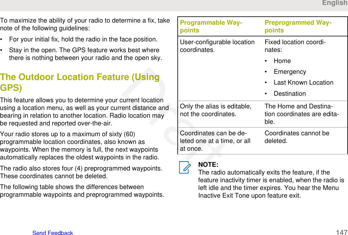 To maximize the ability of your radio to determine a fix, takenote of the following guidelines:• For your initial fix, hold the radio in the face position.• Stay in the open. The GPS feature works best wherethere is nothing between your radio and the open sky.The Outdoor Location Feature (UsingGPS)This feature allows you to determine your current locationusing a location menu, as well as your current distance andbearing in relation to another location. Radio location maybe requested and reported over-the-air.Your radio stores up to a maximum of sixty (60)programmable location coordinates, also known aswaypoints. When the memory is full, the next waypointsautomatically replaces the oldest waypoints in the radio.The radio also stores four (4) preprogrammed waypoints.These coordinates cannot be deleted.The following table shows the differences betweenprogrammable waypoints and preprogrammed waypoints.Programmable Way-points Preprogrammed Way-pointsUser-configurable locationcoordinates. Fixed location coordi-nates:• Home• Emergency• Last Known Location• DestinationOnly the alias is editable,not the coordinates. The Home and Destina-tion coordinates are edita-ble.Coordinates can be de-leted one at a time, or allat once.Coordinates cannot bedeleted.NOTE:The radio automatically exits the feature, if thefeature inactivity timer is enabled, when the radio isleft idle and the timer expires. You hear the MenuInactive Exit Tone upon feature exit.EnglishSend Feedback   147Draft