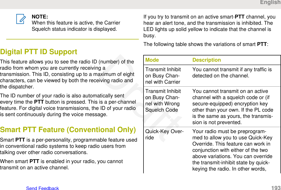 NOTE:When this feature is active, the CarrierSquelch status indicator is displayed.Digital PTT ID SupportThis feature allows you to see the radio ID (number) of theradio from whom you are currently receiving atransmission. This ID, consisting up to a maximum of eightcharacters, can be viewed by both the receiving radio andthe dispatcher.The ID number of your radio is also automatically sentevery time the PTT button is pressed. This is a per-channelfeature. For digital voice transmissions, the ID of your radiois sent continuously during the voice message.Smart PTT Feature (Conventional Only)Smart PTT is a per-personality, programmable feature usedin conventional radio systems to keep radio users fromtalking over other radio conversations.When smart PTT is enabled in your radio, you cannottransmit on an active channel.If you try to transmit on an active smart-PTT channel, youhear an alert tone, and the transmission is inhibited. TheLED lights up solid yellow to indicate that the channel isbusy.The following table shows the variations of smart PTT:Mode DescriptionTransmit Inhibiton Busy Chan-nel with CarrierYou cannot transmit if any traffic isdetected on the channel.Transmit Inhibiton Busy Chan-nel with WrongSquelch CodeYou cannot transmit on an activechannel with a squelch code or (ifsecure-equipped) encryption keyother than your own. If the PL codeis the same as yours, the transmis-sion is not prevented.Quick-Key Over-ride Your radio must be preprogram-med to allow you to use Quick-KeyOverride. This feature can work inconjunction with either of the twoabove variations. You can overridethe transmit-inhibit state by quick-keying the radio. In other words,EnglishSend Feedback   193Draft