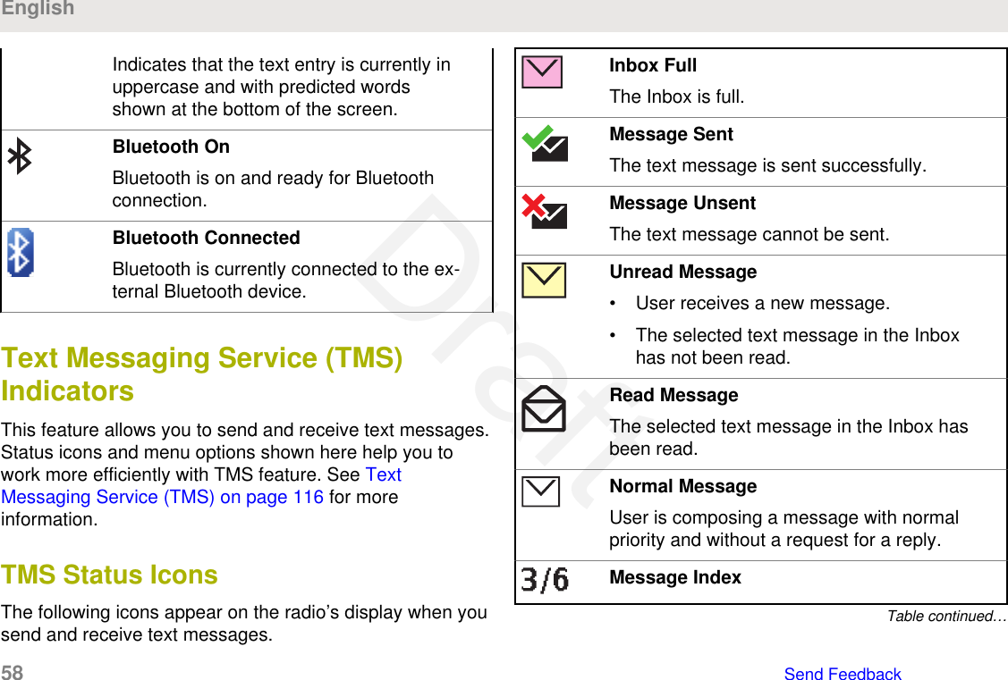 Indicates that the text entry is currently inuppercase and with predicted wordsshown at the bottom of the screen.Bluetooth OnBluetooth is on and ready for Bluetoothconnection.Bluetooth ConnectedBluetooth is currently connected to the ex-ternal Bluetooth device.Text Messaging Service (TMS)IndicatorsThis feature allows you to send and receive text messages.Status icons and menu options shown here help you towork more efficiently with TMS feature. See TextMessaging Service (TMS) on page 116 for moreinformation.TMS Status IconsThe following icons appear on the radio’s display when yousend and receive text messages.Inbox FullThe Inbox is full.Message SentThe text message is sent successfully.Message UnsentThe text message cannot be sent.Unread Message• User receives a new message.• The selected text message in the Inboxhas not been read.Read MessageThe selected text message in the Inbox hasbeen read.Normal MessageUser is composing a message with normalpriority and without a request for a reply.Message IndexTable continued…English58   Send FeedbackDraft