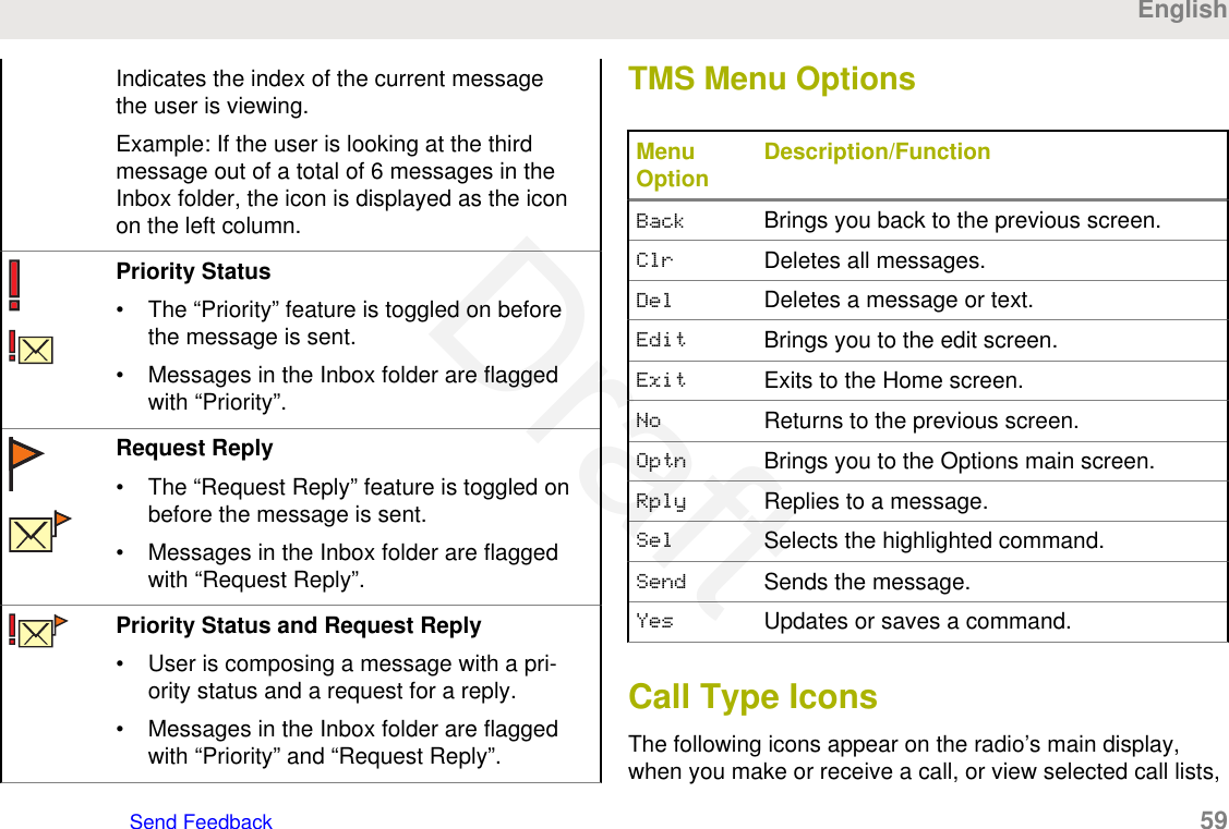 Indicates the index of the current messagethe user is viewing.Example: If the user is looking at the thirdmessage out of a total of 6 messages in theInbox folder, the icon is displayed as the iconon the left column.Priority Status• The “Priority” feature is toggled on beforethe message is sent.• Messages in the Inbox folder are flaggedwith “Priority”.Request Reply• The “Request Reply” feature is toggled onbefore the message is sent.• Messages in the Inbox folder are flaggedwith “Request Reply”.Priority Status and Request Reply• User is composing a message with a pri-ority status and a request for a reply.• Messages in the Inbox folder are flaggedwith “Priority” and “Request Reply”.TMS Menu OptionsMenuOption Description/FunctionBack Brings you back to the previous screen.Clr Deletes all messages.Del Deletes a message or text.Edit Brings you to the edit screen.Exit Exits to the Home screen.No Returns to the previous screen.Optn Brings you to the Options main screen.Rply Replies to a message.Sel Selects the highlighted command.Send Sends the message.Yes Updates or saves a command.Call Type IconsThe following icons appear on the radio’s main display,when you make or receive a call, or view selected call lists,EnglishSend Feedback   59Draft