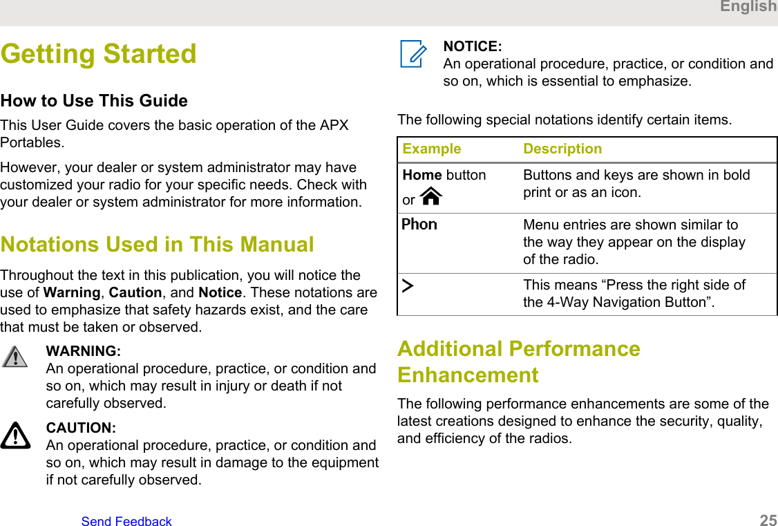 Getting StartedHow to Use This GuideThis User Guide covers the basic operation of the APXPortables.However, your dealer or system administrator may havecustomized your radio for your specific needs. Check withyour dealer or system administrator for more information.Notations Used in This ManualThroughout the text in this publication, you will notice theuse of Warning, Caution, and Notice. These notations areused to emphasize that safety hazards exist, and the carethat must be taken or observed.WARNING:An operational procedure, practice, or condition andso on, which may result in injury or death if notcarefully observed.CAUTION:An operational procedure, practice, or condition andso on, which may result in damage to the equipmentif not carefully observed.NOTICE:An operational procedure, practice, or condition andso on, which is essential to emphasize.The following special notations identify certain items.Example DescriptionHome buttonor Buttons and keys are shown in boldprint or as an icon.Phon Menu entries are shown similar tothe way they appear on the displayof the radio.This means “Press the right side ofthe 4-Way Navigation Button”.Additional PerformanceEnhancementThe following performance enhancements are some of thelatest creations designed to enhance the security, quality,and efficiency of the radios.EnglishSend Feedback   25