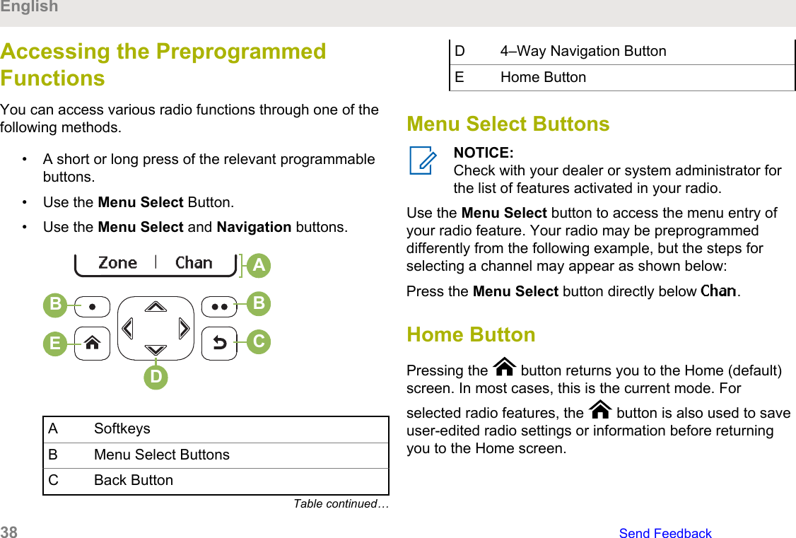 Accessing the PreprogrammedFunctionsYou can access various radio functions through one of thefollowing methods.• A short or long press of the relevant programmablebuttons.• Use the Menu Select Button.• Use the Menu Select and Navigation buttons.BCDBEAA SoftkeysB Menu Select ButtonsC Back ButtonTable continued…D 4–Way Navigation ButtonE Home ButtonMenu Select ButtonsNOTICE:Check with your dealer or system administrator forthe list of features activated in your radio.Use the Menu Select button to access the menu entry ofyour radio feature. Your radio may be preprogrammeddifferently from the following example, but the steps forselecting a channel may appear as shown below:Press the Menu Select button directly below Chan.Home ButtonPressing the   button returns you to the Home (default)screen. In most cases, this is the current mode. Forselected radio features, the   button is also used to saveuser-edited radio settings or information before returningyou to the Home screen.English38   Send Feedback