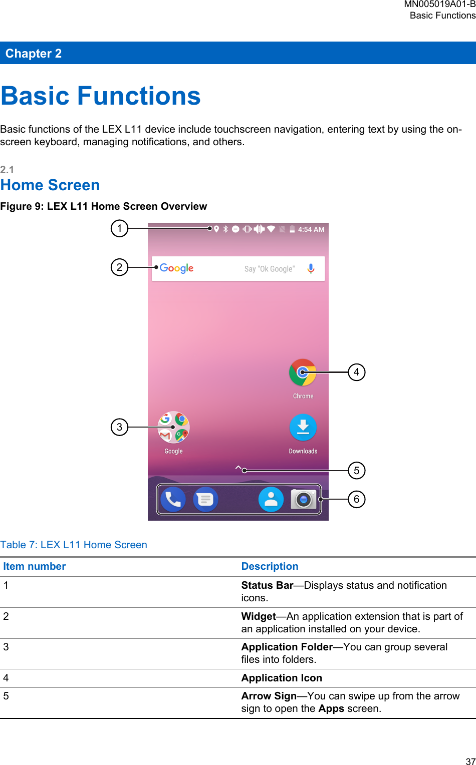 Chapter 2Basic FunctionsBasic functions of the LEX L11 device include touchscreen navigation, entering text by using the on-screen keyboard, managing notifications, and others.2.1Home ScreenFigure 9: LEX L11 Home Screen Overview123546Table 7: LEX L11 Home ScreenItem number Description1Status Bar—Displays status and notificationicons.2Widget—An application extension that is part ofan application installed on your device.3Application Folder—You can group severalfiles into folders.4Application Icon5Arrow Sign—You can swipe up from the arrowsign to open the Apps screen.MN005019A01-BBasic Functions  37