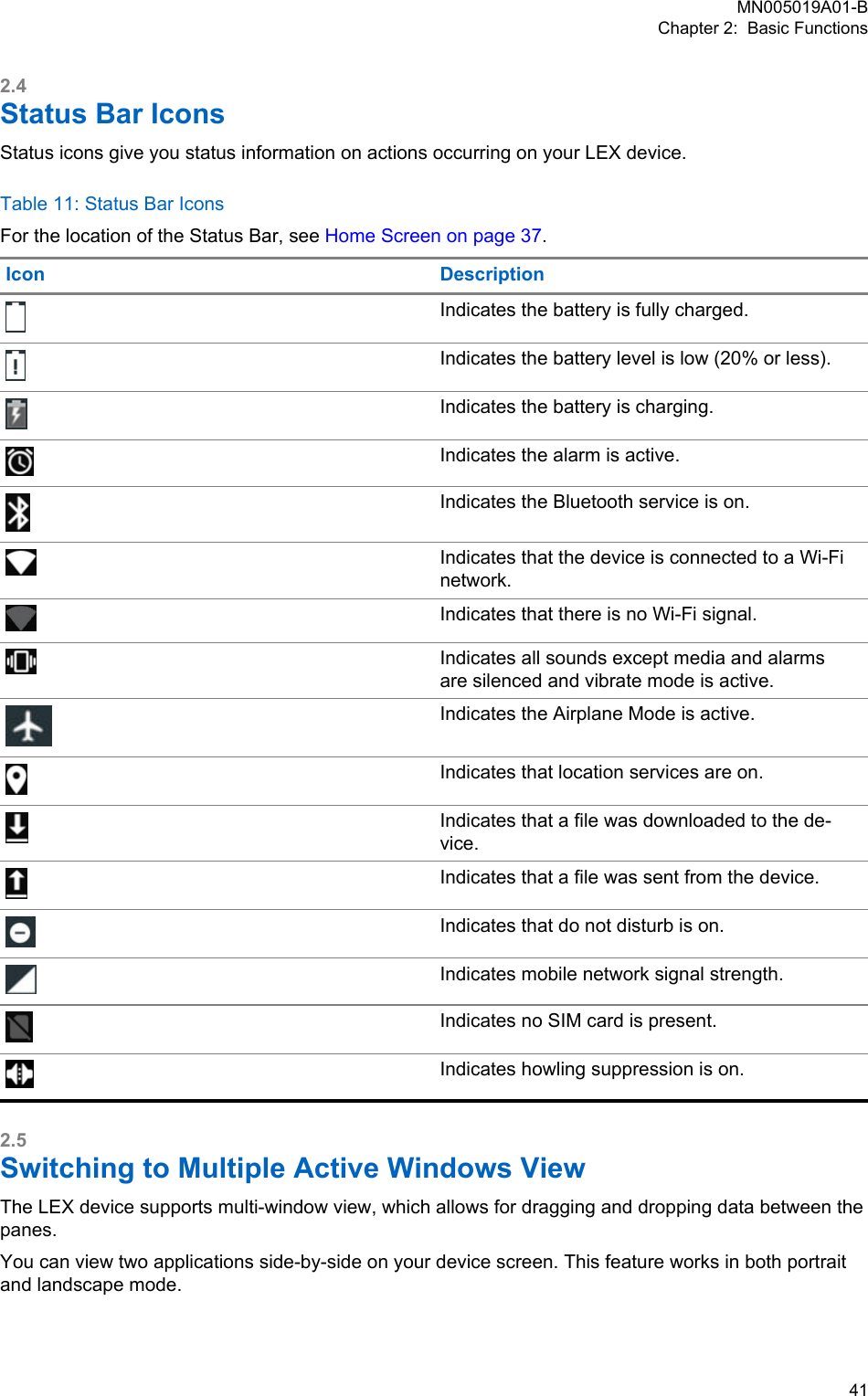 2.4Status Bar IconsStatus icons give you status information on actions occurring on your LEX device.Table 11: Status Bar IconsFor the location of the Status Bar, see Home Screen on page 37.Icon DescriptionIndicates the battery is fully charged.Indicates the battery level is low (20% or less).Indicates the battery is charging.Indicates the alarm is active.Indicates the Bluetooth service is on.Indicates that the device is connected to a Wi-Finetwork.Indicates that there is no Wi-Fi signal.Indicates all sounds except media and alarmsare silenced and vibrate mode is active.Indicates the Airplane Mode is active.Indicates that location services are on.Indicates that a file was downloaded to the de-vice.Indicates that a file was sent from the device.Indicates that do not disturb is on.Indicates mobile network signal strength.Indicates no SIM card is present.Indicates howling suppression is on.2.5Switching to Multiple Active Windows ViewThe LEX device supports multi-window view, which allows for dragging and dropping data between thepanes.You can view two applications side-by-side on your device screen. This feature works in both portraitand landscape mode.MN005019A01-BChapter 2:  Basic Functions  41