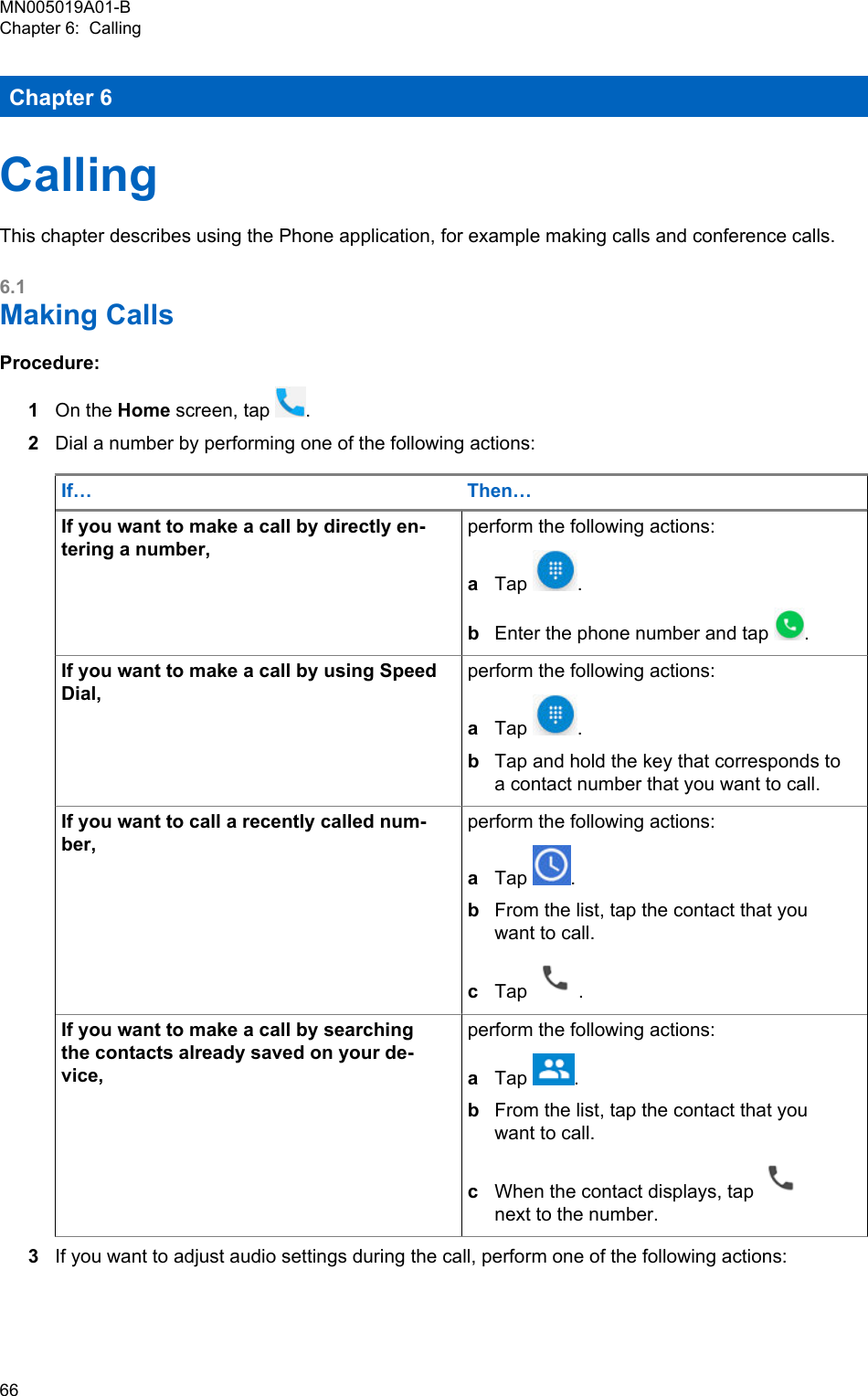 Chapter 6CallingThis chapter describes using the Phone application, for example making calls and conference calls.6.1Making CallsProcedure:1On the Home screen, tap  .2Dial a number by performing one of the following actions:If… Then…If you want to make a call by directly en-tering a number,perform the following actions:aTap  .bEnter the phone number and tap  .If you want to make a call by using SpeedDial,perform the following actions:aTap  .bTap and hold the key that corresponds toa contact number that you want to call.If you want to call a recently called num-ber,perform the following actions:aTap  .bFrom the list, tap the contact that youwant to call.cTap  .If you want to make a call by searchingthe contacts already saved on your de-vice,perform the following actions:aTap  .bFrom the list, tap the contact that youwant to call.cWhen the contact displays, tap next to the number.3If you want to adjust audio settings during the call, perform one of the following actions:MN005019A01-BChapter 6:  Calling66  