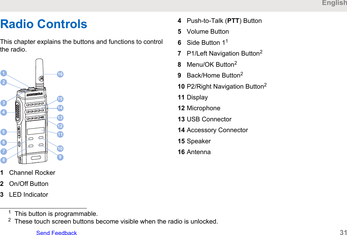 Radio ControlsThis chapter explains the buttons and functions to controlthe radio.67810915 4 141615132312111Channel Rocker2On/Off Button3LED Indicator4Push-to-Talk (PTT) Button5Volume Button6Side Button 117P1/Left Navigation Button28Menu/OK Button29Back/Home Button210 P2/Right Navigation Button211 Display12 Microphone13 USB Connector14 Accessory Connector15 Speaker16 Antenna1This button is programmable.2These touch screen buttons become visible when the radio is unlocked.EnglishSend Feedback   31