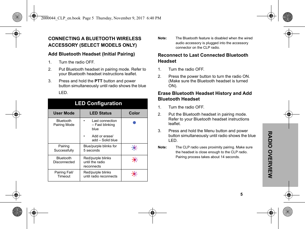 RADIO OVERVIEW                                                                                                                                                           5CONNECTING A BLUETOOTH WIRELESS ACCESSORY (SELECT MODELS ONLY)Add Bluetooth Headset (Initial Pairing)1. Turn the radio OFF.2. Put Bluetooth headset in pairing mode. Refer to your Bluetooth headset instructions leaflet.3. Press and hold the PTT button and power button simultaneously until radio shows the blue LED.Note: The Bluetooth feature is disabled when the wired audio accessory is plugged into the accessory connector on the CLP radio.Reconnect to Last Connected Bluetooth Headset1. Turn the radio OFF.2. Press the power button to turn the radio ON. (Make sure the Bluetooth headset is turned ON).Erase Bluetooth Headset History and Add Bluetooth Headset  1. Turn the radio OFF.2. Put the Bluetooth headset in pairing mode. Refer to your Bluetooth headset instructions leaflet.3. Press and hold the Menu button and power button simultaneously until radio shows the blue LED.Note: The CLP radio uses proximity pairing. Make sure the headset is close enough to the CLP radio. Pairing process takes about 14 seconds. LED ConfigurationUser Mode LED Status ColorBluetoothPairing Mode• Last connection – Fast blinking blue• Add or erase/add – Solid bluePairing SuccessfullyBlue/purple blinks for 5 secondsBluetooth DisconnectedRed/purple blinks until the radio reconnectsPairing Fail/TimeoutRed/purple blinks until radio reconnects2000044_CLP_en.book  Page 5  Thursday, November 9, 2017  6:40 PM