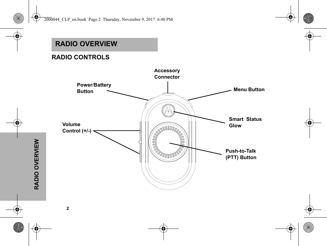 RADIO OVERVIEW            2RADIO OVERVIEWRADIO CONTROLSAccessory ConnectorSmart  StatusGlowVolume Control (+/-)Power/Battery ButtonPush-to-Talk(PTT) ButtonMenu Button2000044_CLP_en.book  Page 2  Thursday, November 9, 2017  6:40 PM