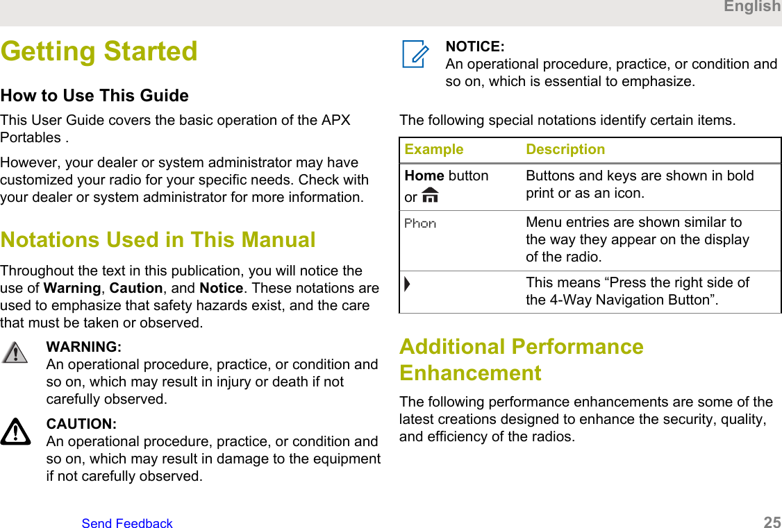 Getting StartedHow to Use This GuideThis User Guide covers the basic operation of the APXPortables .However, your dealer or system administrator may havecustomized your radio for your specific needs. Check withyour dealer or system administrator for more information.Notations Used in This ManualThroughout the text in this publication, you will notice theuse of Warning, Caution, and Notice. These notations areused to emphasize that safety hazards exist, and the carethat must be taken or observed.WARNING:An operational procedure, practice, or condition andso on, which may result in injury or death if notcarefully observed.CAUTION:An operational procedure, practice, or condition andso on, which may result in damage to the equipmentif not carefully observed.NOTICE:An operational procedure, practice, or condition andso on, which is essential to emphasize.The following special notations identify certain items.Example DescriptionHome buttonor Buttons and keys are shown in boldprint or as an icon.Phon Menu entries are shown similar tothe way they appear on the displayof the radio.This means “Press the right side ofthe 4-Way Navigation Button”.Additional PerformanceEnhancementThe following performance enhancements are some of thelatest creations designed to enhance the security, quality,and efficiency of the radios.EnglishSend Feedback   25