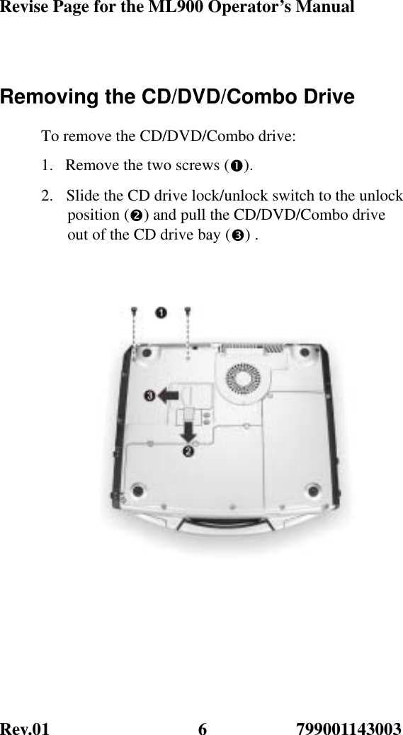 Revise Page for the ML900 Operator’s Manual Rev.01               799001143003 6 Removing the CD/DVD/Combo Drive To remove the CD/DVD/Combo drive: 1.  Remove the two screws (n). 2.  Slide the CD drive lock/unlock switch to the unlock position (o) and pull the CD/DVD/Combo drive out of the CD drive bay (p) .    