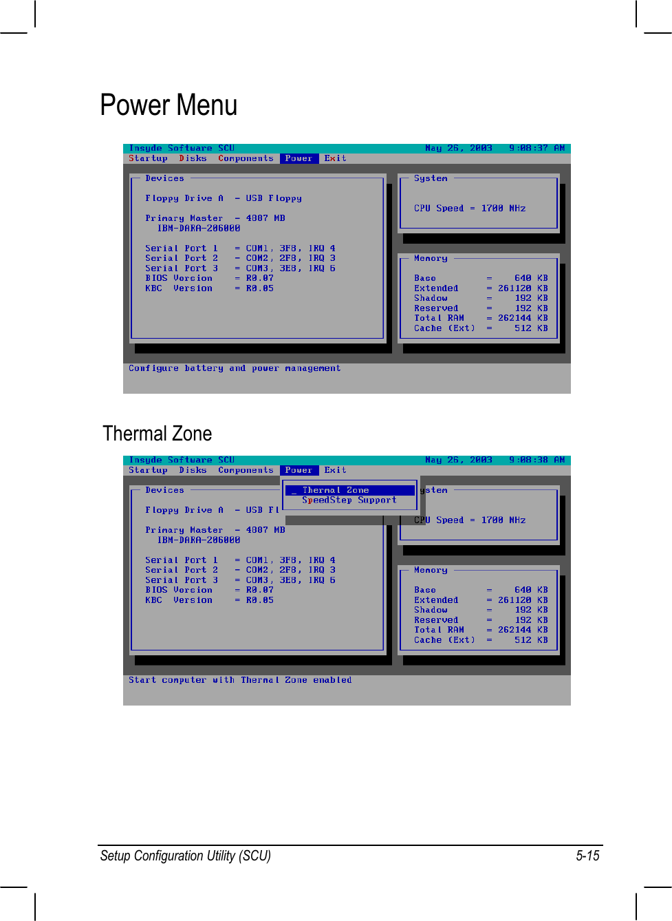 Setup Configuration Utility (SCU) 5-15Power MenuThermal Zone