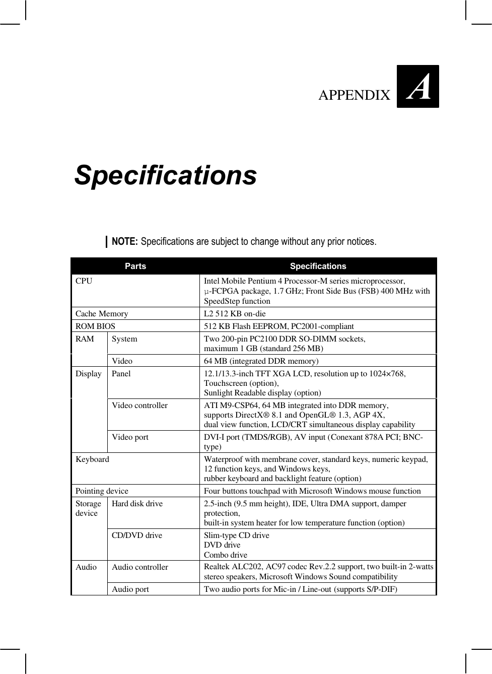 APPENDIX  ASpecificationsNOTE: Specifications are subject to change without any prior notices.Parts SpecificationsCPU Intel Mobile Pentium 4 Processor-M series microprocessor,µ-FCPGA package, 1.7 GHz; Front Side Bus (FSB) 400 MHz withSpeedStep functionCache Memory L2 512 KB on-dieROM BIOS 512 KB Flash EEPROM, PC2001-compliantSystem Two 200-pin PC2100 DDR SO-DIMM sockets,maximum 1 GB (standard 256 MB)RAMVideo 64 MB (integrated DDR memory)Panel 12.1/13.3-inch TFT XGA LCD, resolution up to 1024×768,Touchscreen (option),Sunlight Readable display (option)Video controller ATI M9-CSP64, 64 MB integrated into DDR memory,supports DirectX® 8.1 and OpenGL® 1.3, AGP 4X,dual view function, LCD/CRT simultaneous display capabilityDisplayVideo port DVI-I port (TMDS/RGB), AV input (Conexant 878A PCI; BNC-type)Keyboard Waterproof with membrane cover, standard keys, numeric keypad,12 function keys, and Windows keys,rubber keyboard and backlight feature (option)Pointing device Four buttons touchpad with Microsoft Windows mouse functionHard disk drive 2.5-inch (9.5 mm height), IDE, Ultra DMA support, damperprotection,built-in system heater for low temperature function (option)StoragedeviceCD/DVD drive Slim-type CD driveDVD driveCombo driveAudio controller Realtek ALC202, AC97 codec Rev.2.2 support, two built-in 2-wattsstereo speakers, Microsoft Windows Sound compatibilityAudioAudio port Two audio ports for Mic-in / Line-out (supports S/P-DIF)