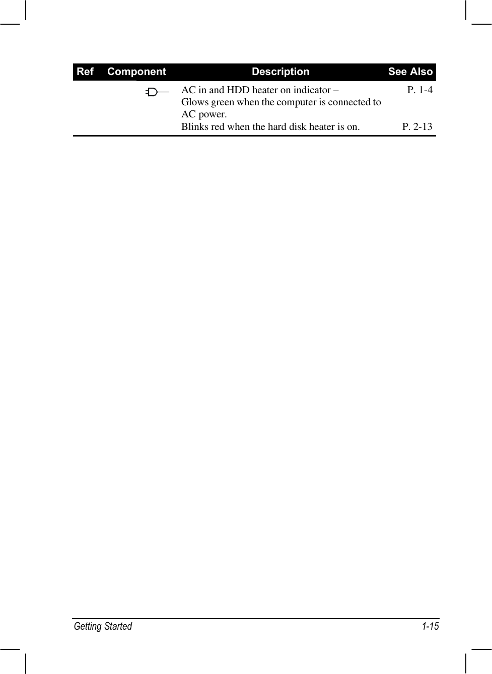 Getting Started 1-15Ref Component Description See AlsoAC in and HDD heater on indicator –Glows green when the computer is connected toAC power.Blinks red when the hard disk heater is on.P. 1-4P. 2-13