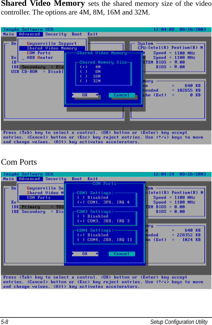   Setup Configuration Utility 5-8Shared Video Memory sets the shared memory size of the video controller. The options are 4M, 8M, 16M and 32M.   Com Ports             