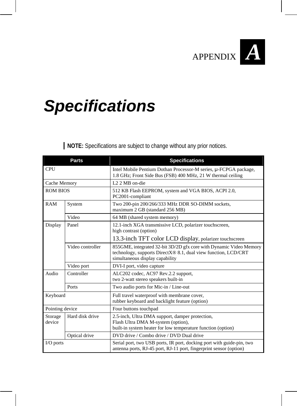  AAPPENDIX  Specifications NOTE: Specifications are subject to change without any prior notices.  Parts  Specifications CPU  Intel Mobile Pentium Dothan Processor-M series, µ-FCPGA package, 1.8 GHz; Front Side Bus (FSB) 400 MHz, 21 W thermal ceiling Cache Memory  L2 2 MB on-die ROM BIOS  512 KB Flash EEPROM, system and VGA BIOS, ACPI 2.0, PC2001-compliant System  Two 200-pin 200/266/333 MHz DDR SO-DIMM sockets, maximum 2 GB (standard 256 MB) RAM Video  64 MB (shared system memory) Panel  12.1-inch XGA transmissive LCD, polarizer touchscreen, high contrast (option)  13.3-inch TFT color LCD display, polarizer touchscreen Video controller  855GME, integrated 32-bit 3D/2D gfx core with Dynamic Video Memory technology, supports DirectX® 8.1, dual view function, LCD/CRT simultaneous display capability Display Video port  DVI-I port, video capture Controller  ALC202 codec, AC97 Rev.2.2 support, two 2-watt stereo speakers built-in Audio Ports  Two audio ports for Mic-in / Line-out Keyboard  Full travel waterproof with membrane cover, rubber keyboard and backlight feature (option) Pointing device  Four buttons touchpad Hard disk drive  2.5-inch, Ultra DMA support, damper protection, Flash Ultra DMA M-system (option), built-in system heater for low temperature function (option) Storage device Optical drive  DVD drive / Combo drive / DVD Dual drive I/O ports  Serial port, two USB ports, IR port, docking port with guide-pin, two antenna ports, RJ-45 port, RJ-11 port, fingerprint sensor (option)  