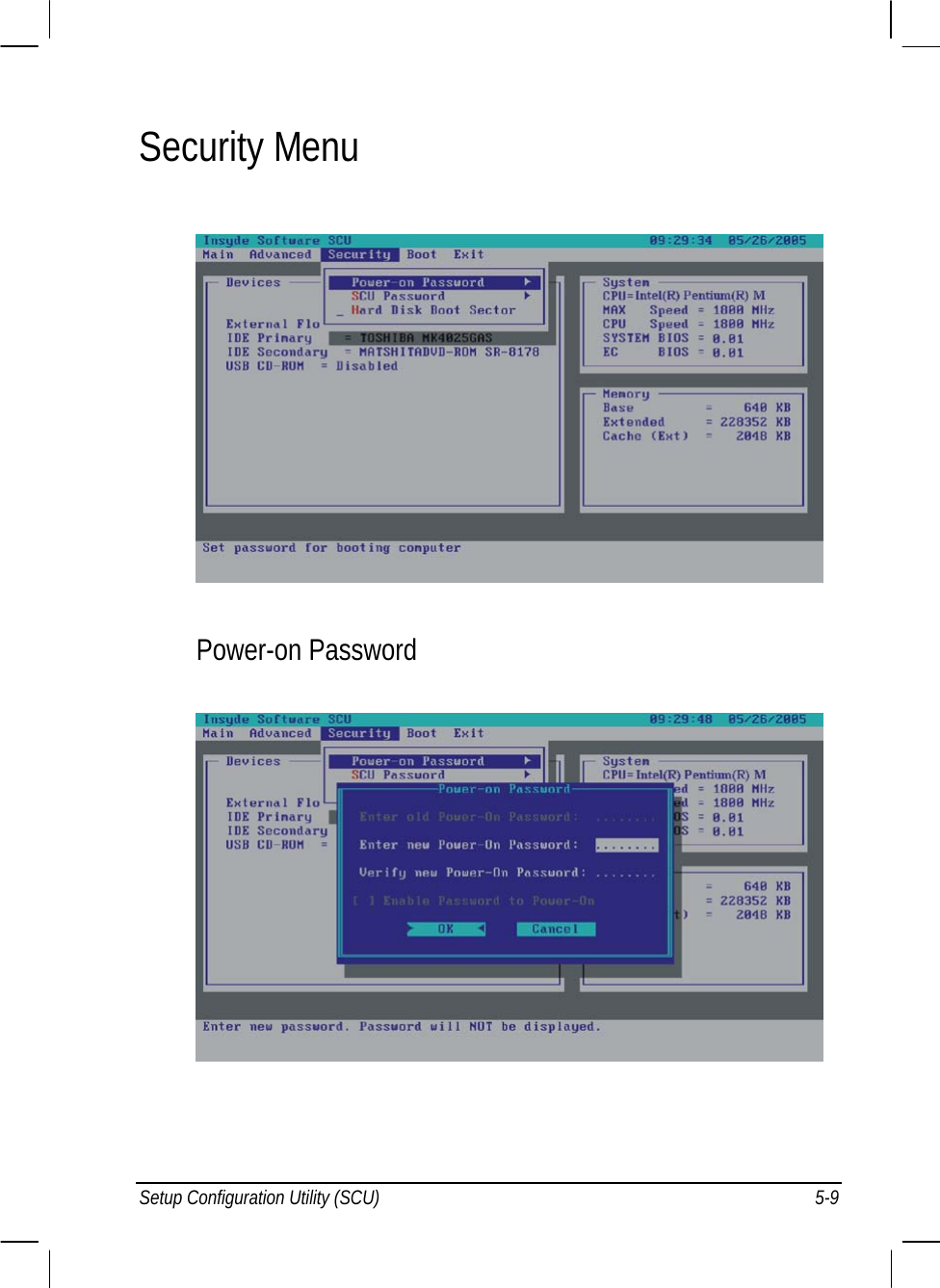  Security Menu  Power-on Password   Setup Configuration Utility (SCU)  5-9 