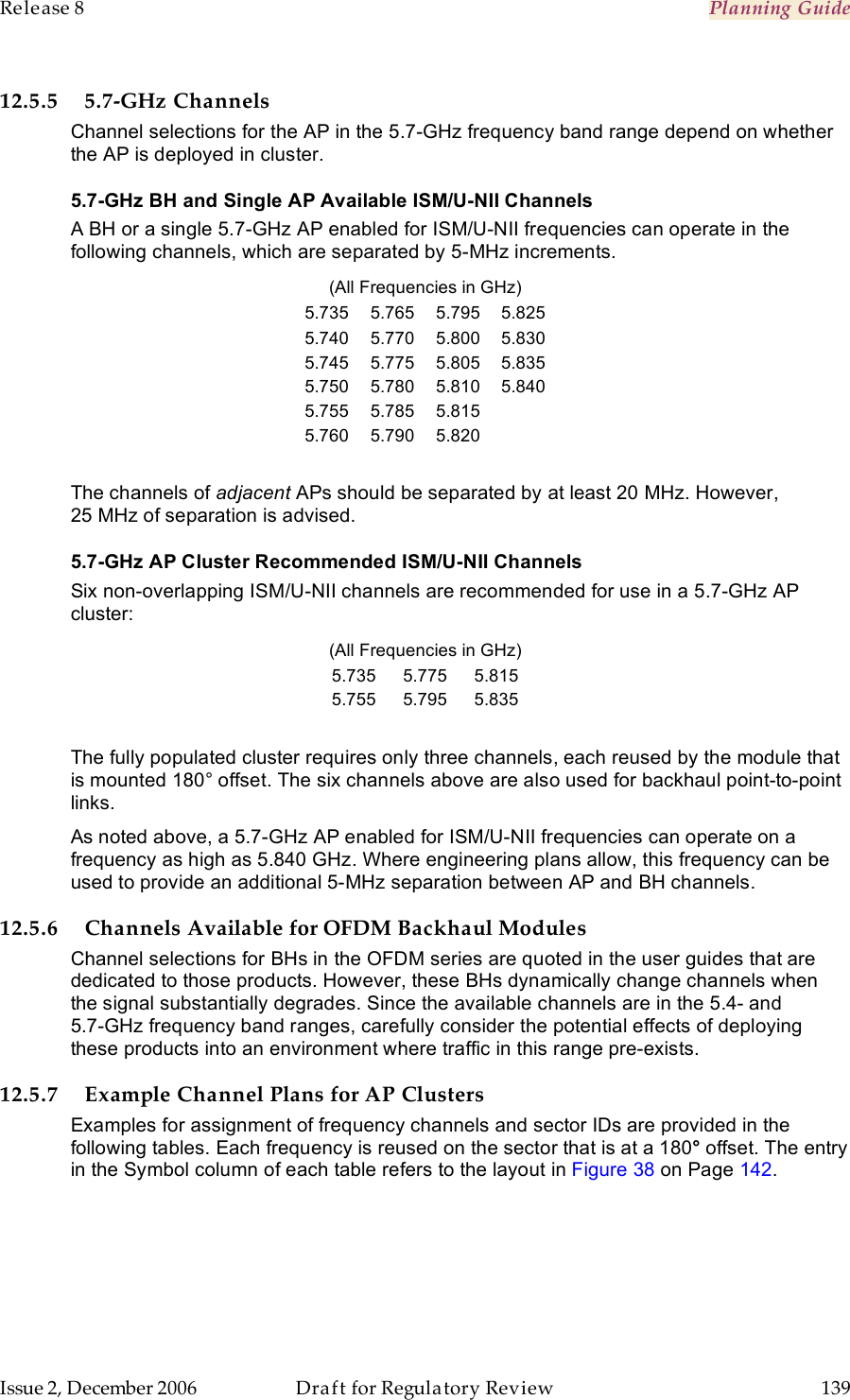Release 8    Planning Guide                  March 200                  Through Software Release 6.   Issue 2, December 2006  Draft for Regulatory Review  139     12.5.5 5.7-GHz Channels Channel selections for the AP in the 5.7-GHz frequency band range depend on whether the AP is deployed in cluster.  5.7-GHz BH and Single AP Available ISM/U-NII Channels A BH or a single 5.7-GHz AP enabled for ISM/U-NII frequencies can operate in the following channels, which are separated by 5-MHz increments. (All Frequencies in GHz) 5.735 5.765 5.795 5.825 5.740 5.770 5.800 5.830 5.745 5.775 5.805 5.835 5.750 5.780 5.810 5.840 5.755 5.785 5.815  5.760 5.790 5.820   The channels of adjacent APs should be separated by at least 20 MHz. However,  25 MHz of separation is advised. 5.7-GHz AP Cluster Recommended ISM/U-NII Channels Six non-overlapping ISM/U-NII channels are recommended for use in a 5.7-GHz AP cluster: (All Frequencies in GHz) 5.735 5.775 5.815 5.755 5.795 5.835  The fully populated cluster requires only three channels, each reused by the module that is mounted 180° offset. The six channels above are also used for backhaul point-to-point links. As noted above, a 5.7-GHz AP enabled for ISM/U-NII frequencies can operate on a frequency as high as 5.840 GHz. Where engineering plans allow, this frequency can be used to provide an additional 5-MHz separation between AP and BH channels. 12.5.6 Channels Available for OFDM Backhaul Modules Channel selections for BHs in the OFDM series are quoted in the user guides that are dedicated to those products. However, these BHs dynamically change channels when the signal substantially degrades. Since the available channels are in the 5.4- and  5.7-GHz frequency band ranges, carefully consider the potential effects of deploying these products into an environment where traffic in this range pre-exists. 12.5.7 Example Channel Plans for AP Clusters Examples for assignment of frequency channels and sector IDs are provided in the following tables. Each frequency is reused on the sector that is at a 180° offset. The entry in the Symbol column of each table refers to the layout in Figure 38 on Page 142.  